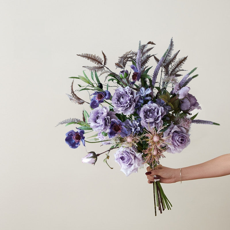 ValarFlower Purple Artificial Bridal Bouquet, Elegant Lavender Rose Wedding Bouquet with Fern Greenery VB-265