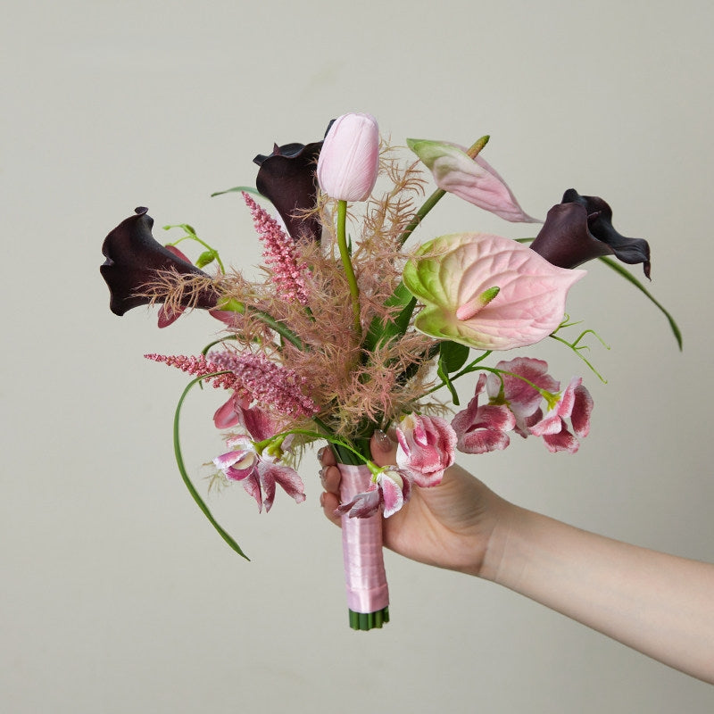 ValarFlower Modern Artificial Bridal Bouquet, Pink Anthurium & Black Calla Lily Faux Flower Bouquet for Bride, Bridesmaid, Wedding Ceremony & Photoshoot VB-259