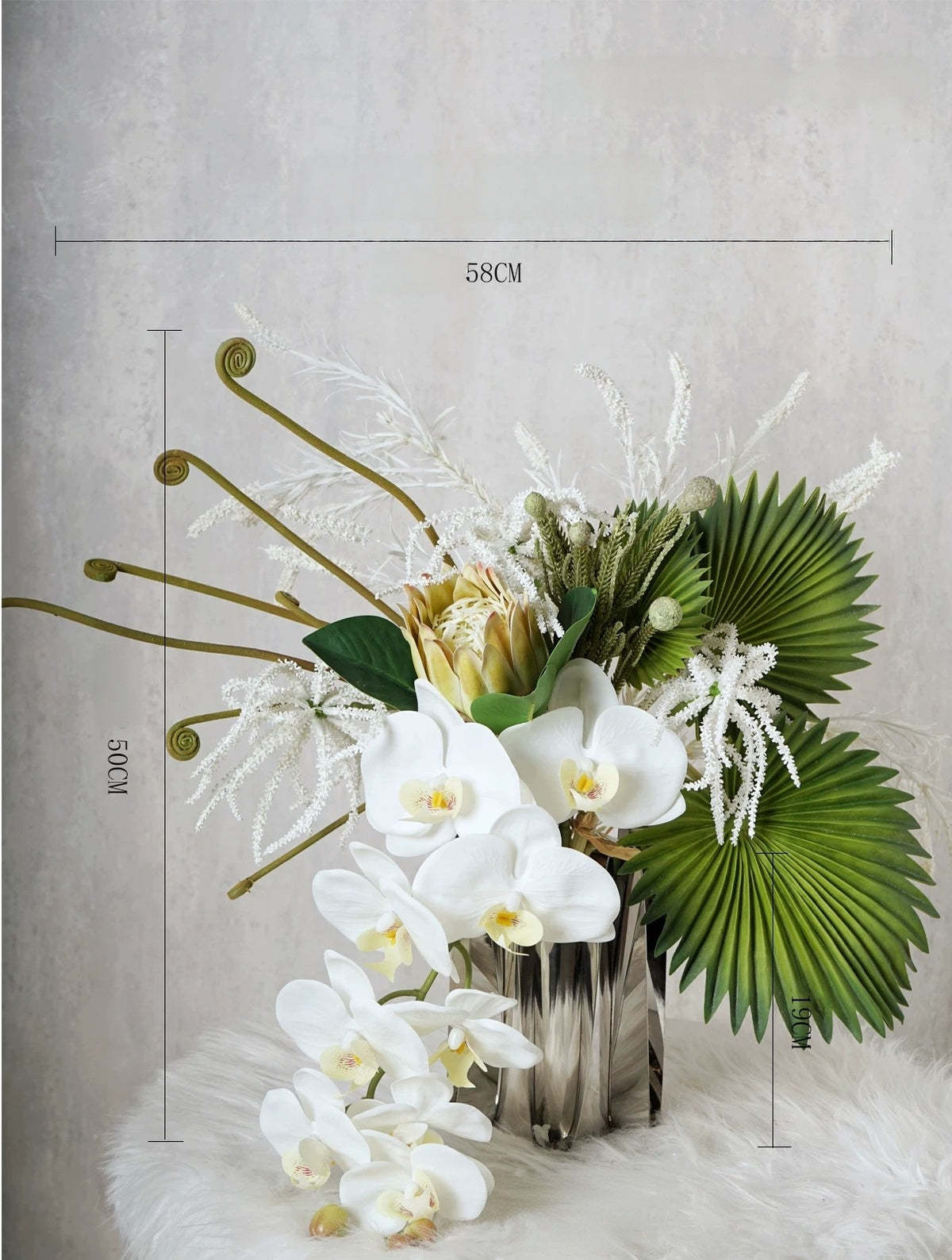 ValarFlower White Orchid Artificial Floral Arrangement, Modern Tropical Flower Decor with Green Palm Leaves VB-280