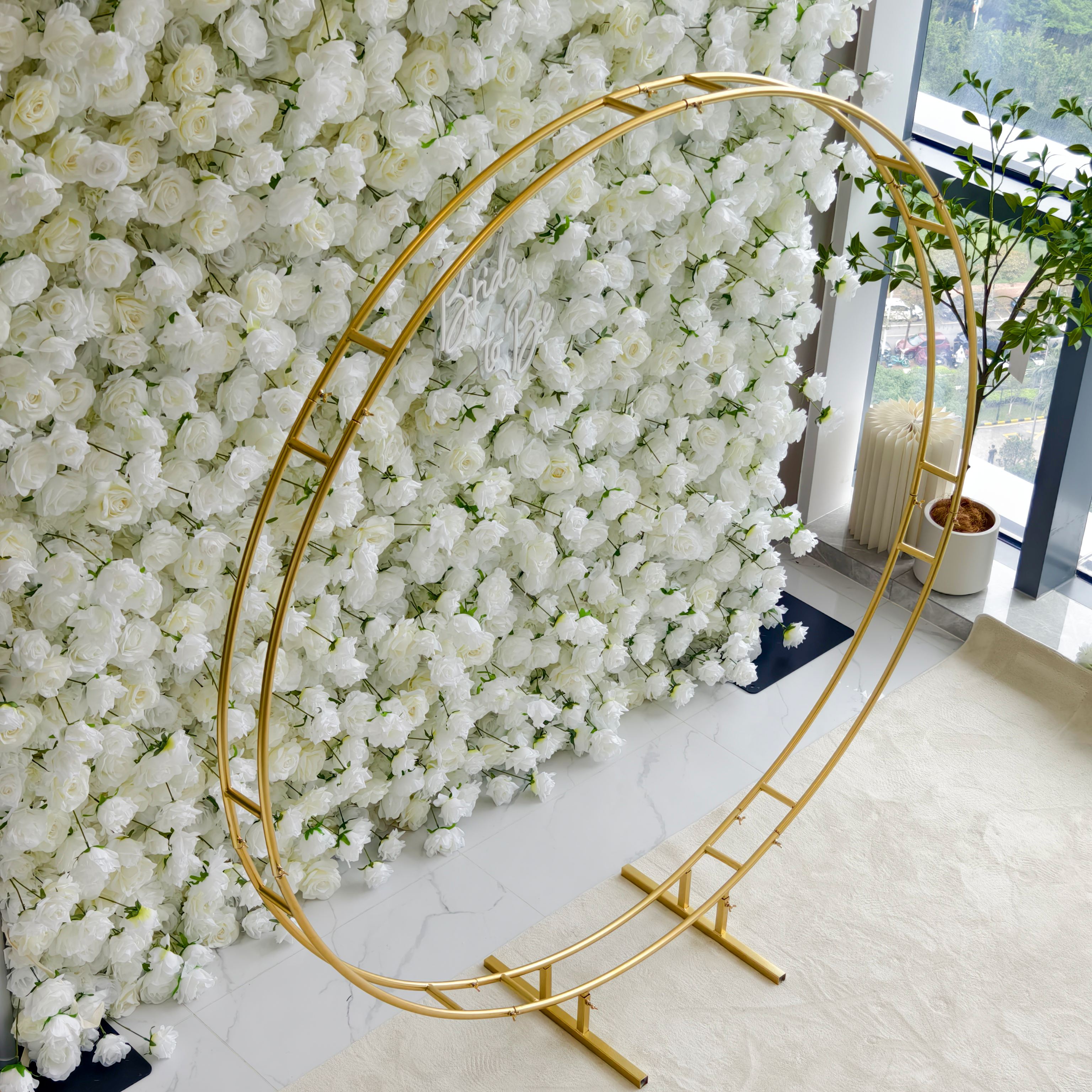 Double Ring Metal Wedding Arch Gold & White Customizable, Extra Stable
