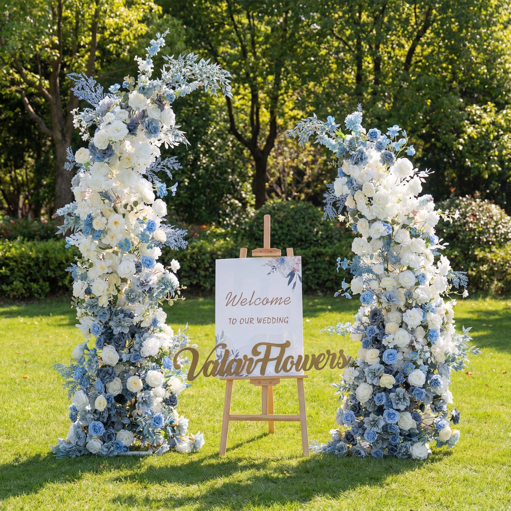 Light Blue Theme Elegant Moon Shape Wedding Ceremony Floral Horn Arch - Artificial Flower Arch for Weddings, Events, and Special Occasions VA-301