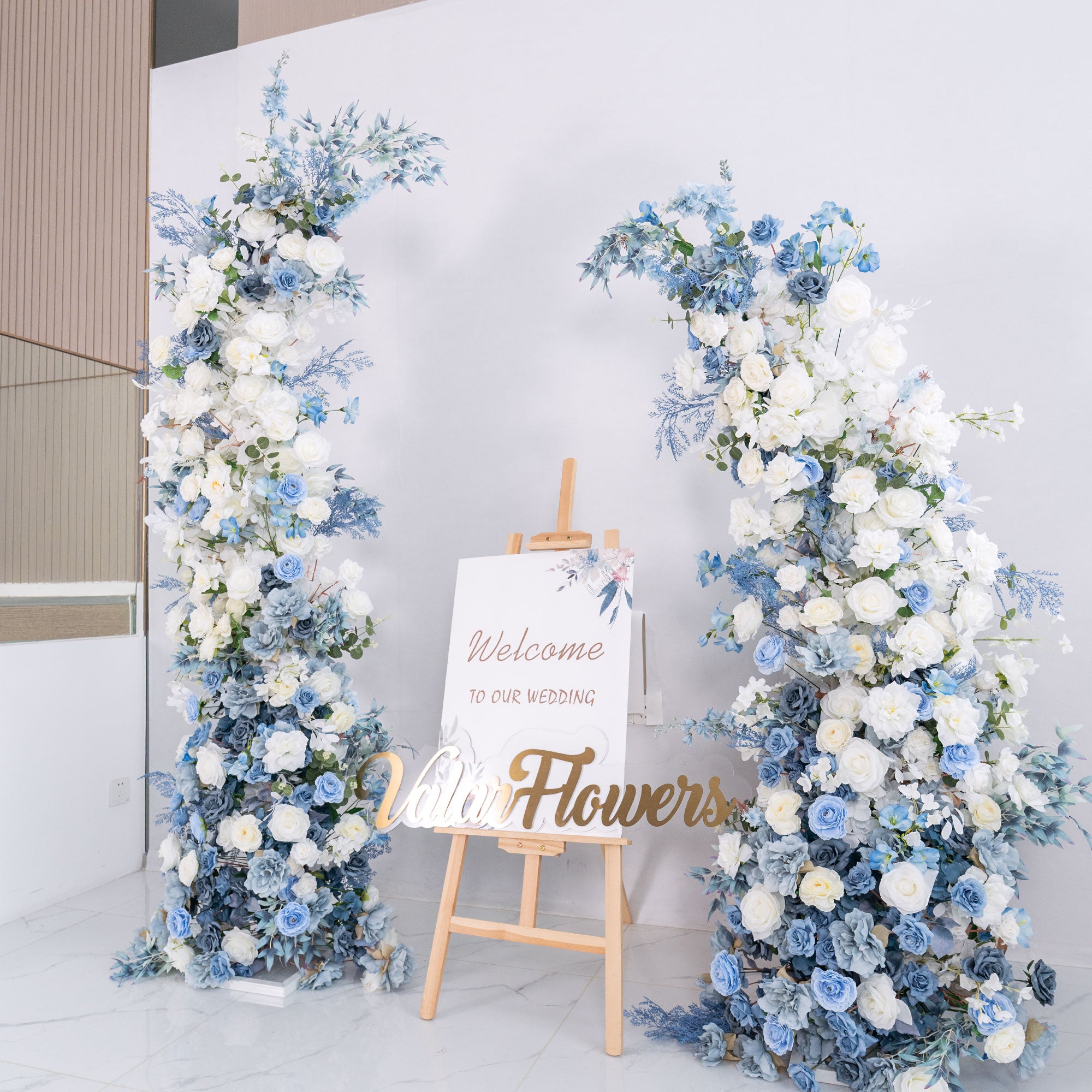 Light Blue Theme Elegant Moon Shape Wedding Ceremony Floral Horn Arch - Artificial Flower Arch for Weddings, Events, and Special Occasions VA-301