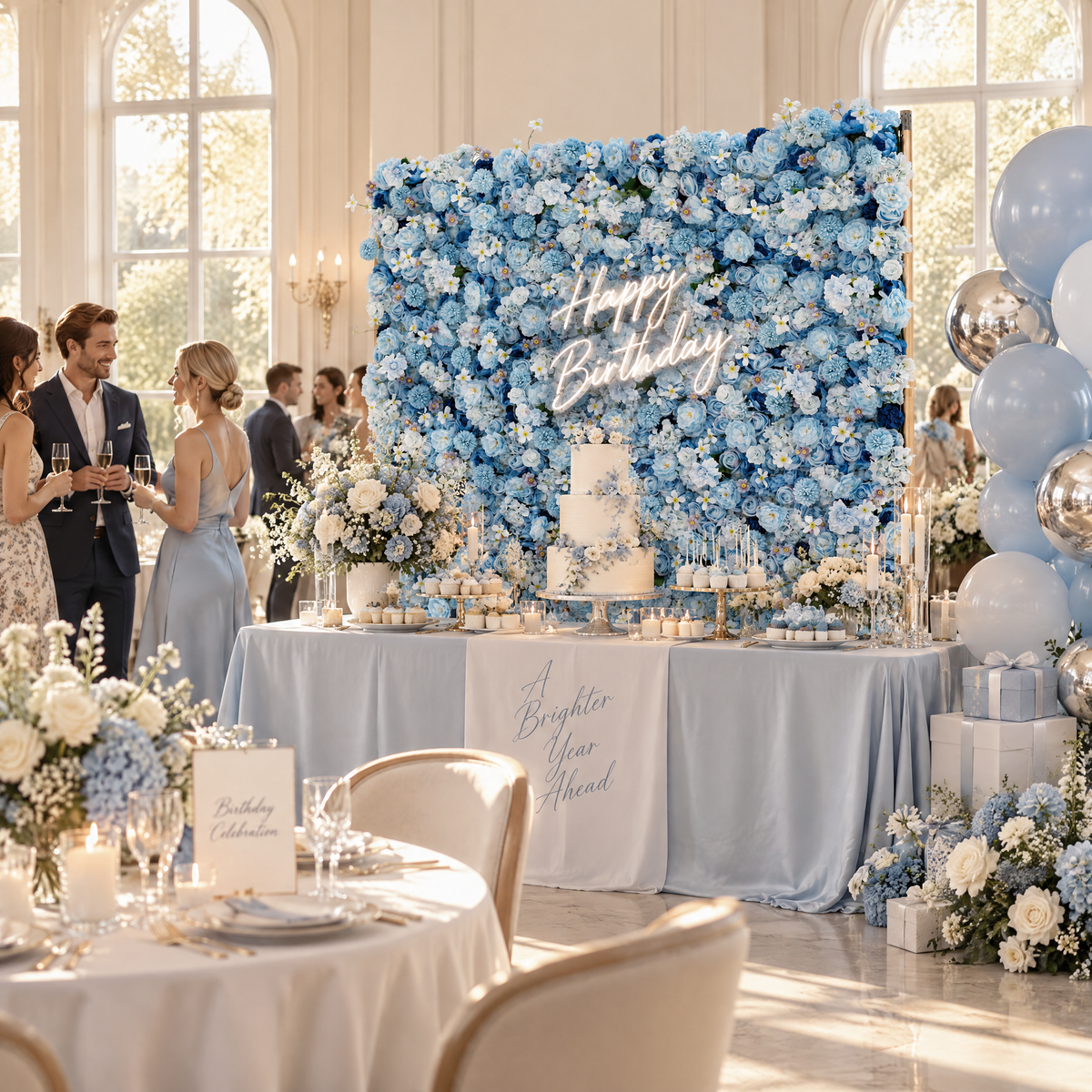 Valar Flowers Presenta: Azure Blooms Gala – Una Mezcla Encantadora de Flores de Tela Azul Cielo y Blanco Perlado – Exhibición Floral Principal para Fiestas de Verano, Celebraciones y Acentos Modernos para el Hogar-VF-219-4