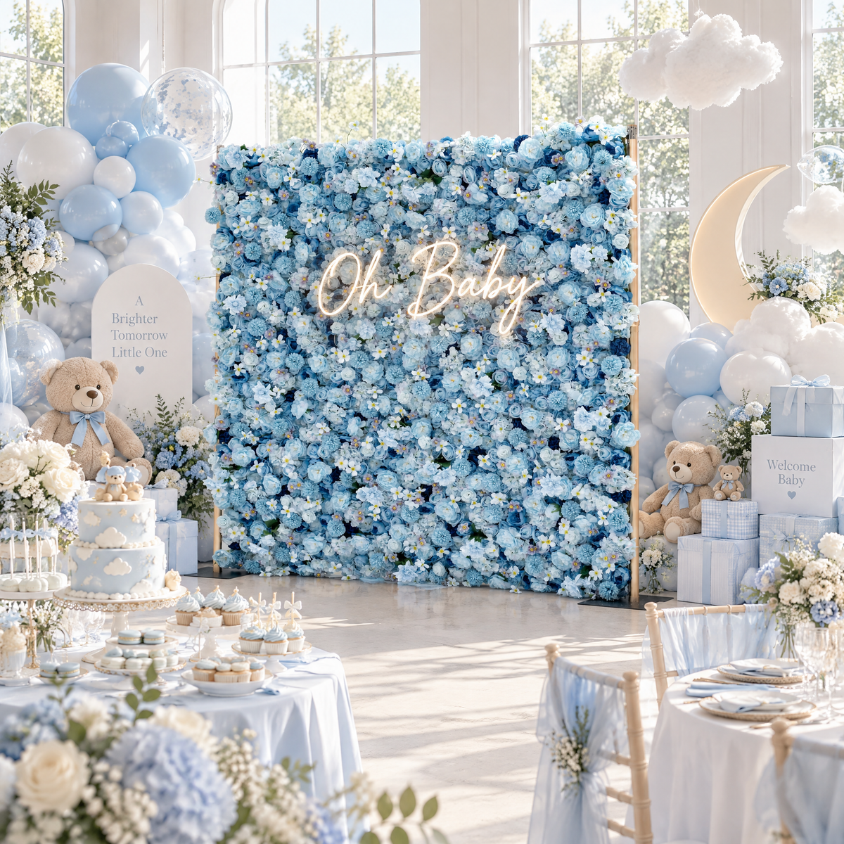 Valar Flowers Presenta: Azure Blooms Gala – Una Mezcla Encantadora de Flores de Tela Azul Cielo y Blanco Perlado – Exhibición Floral Principal para Fiestas de Verano, Celebraciones y Acentos Modernos para el Hogar-VF-219-4