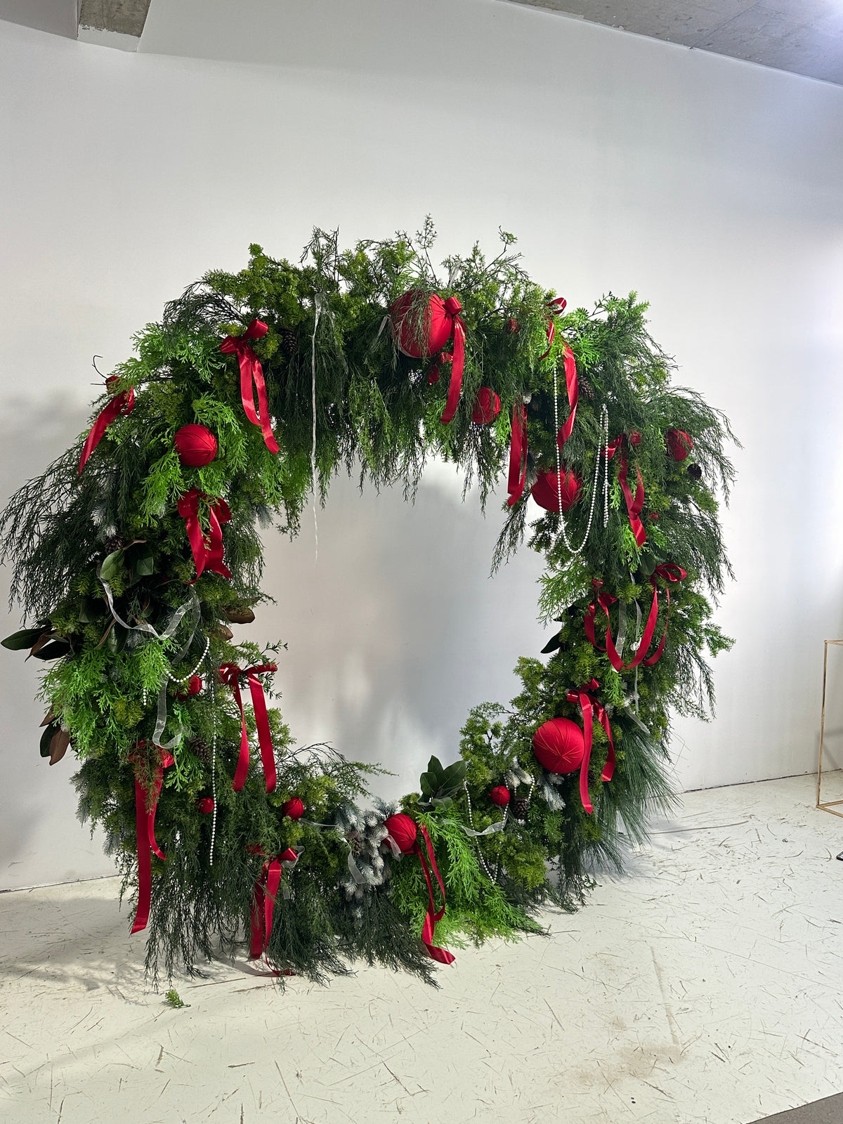 ValarFlower Christmas Greenery Wreath Arch, Red Ornament Holiday Floral Decor for Christmas Party and Event Styling VA-417