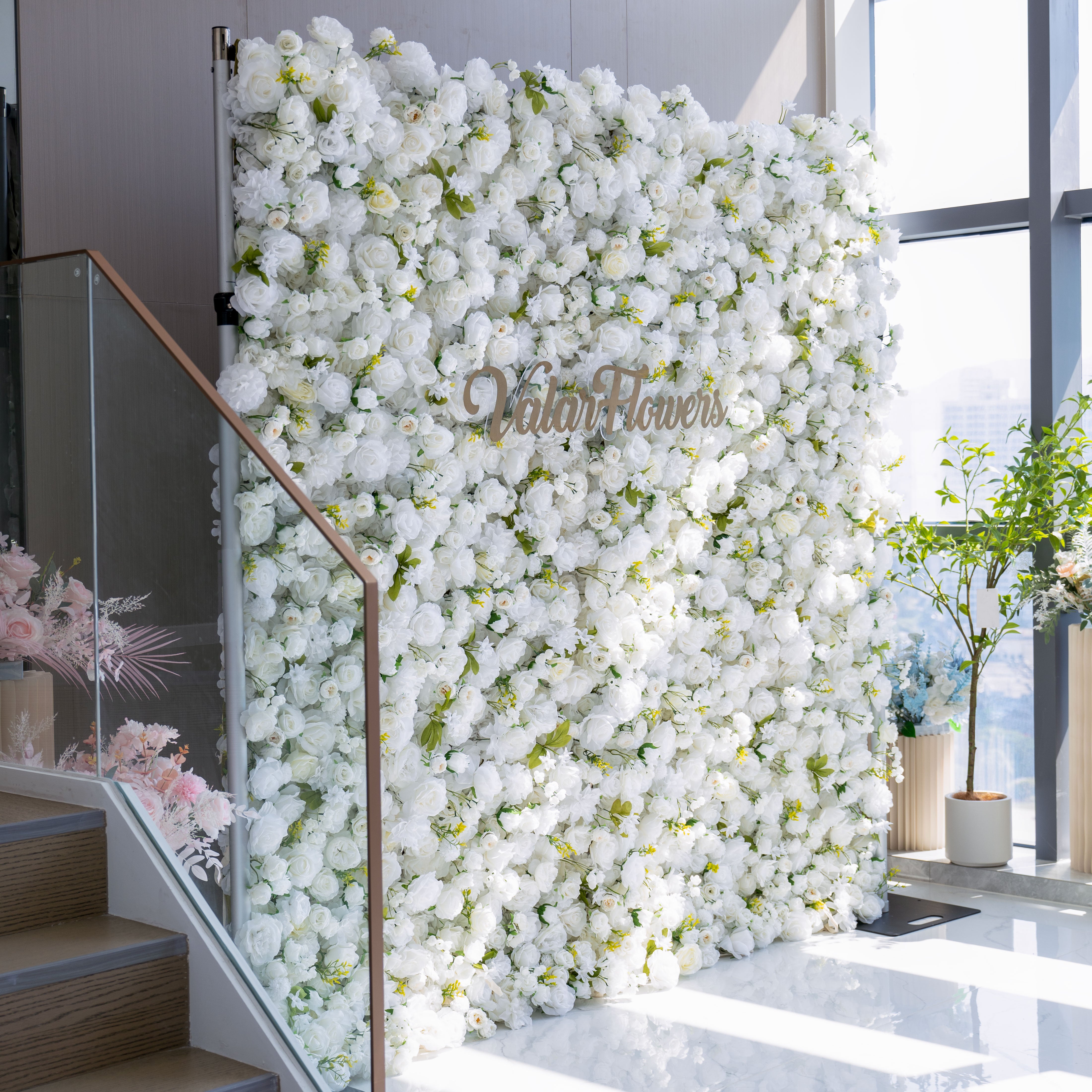 ピュアホワイト5Dシルクローズフラワーウォール | 結婚式、イベント、フォトシュートのためのエレガントな背景 VF-342