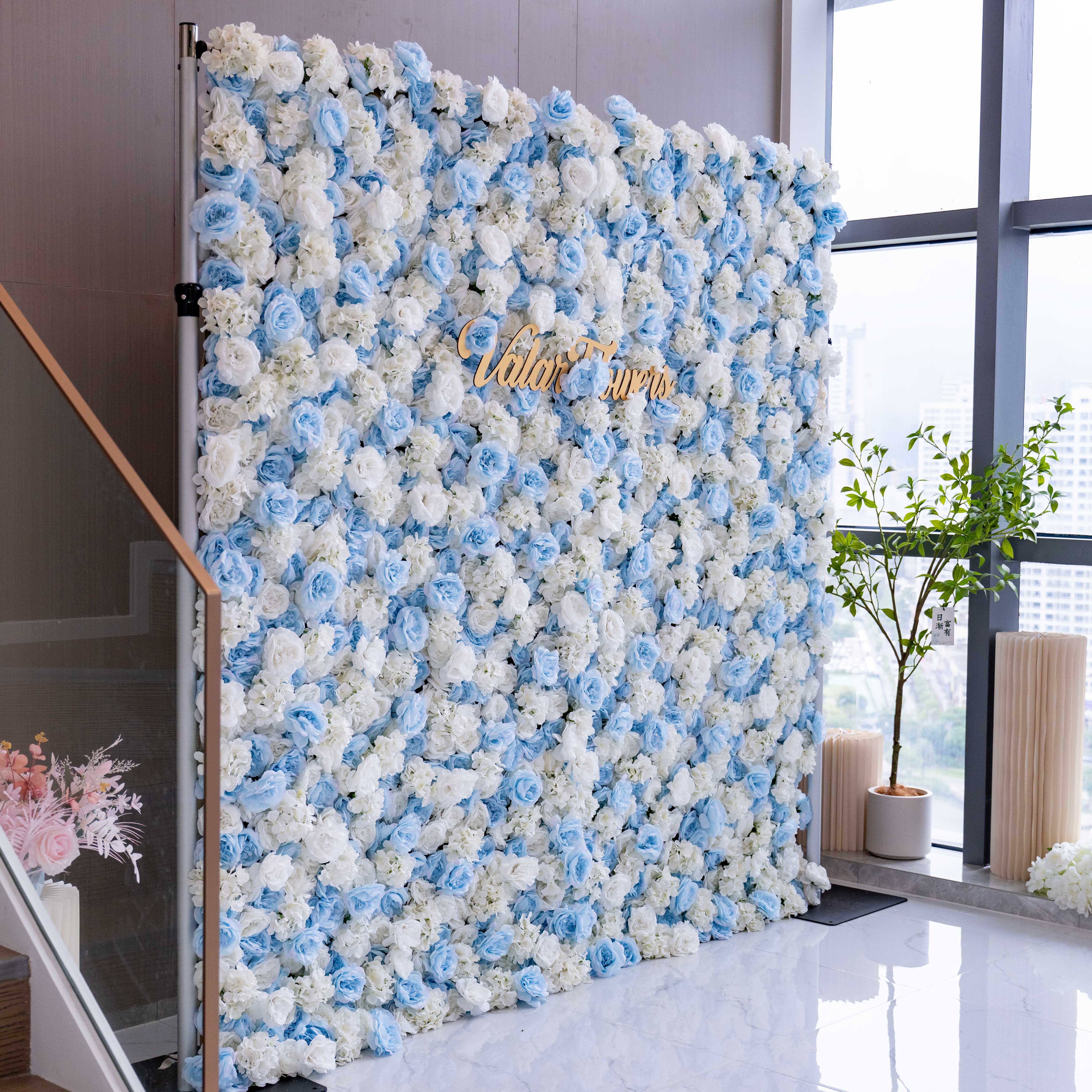 Valar 꽃 롤 패브릭 인공 꽃 아기 파란색과 흰색 벽 웨딩 배경, 꽃 파티 장식, 이벤트 사진-VF-025
