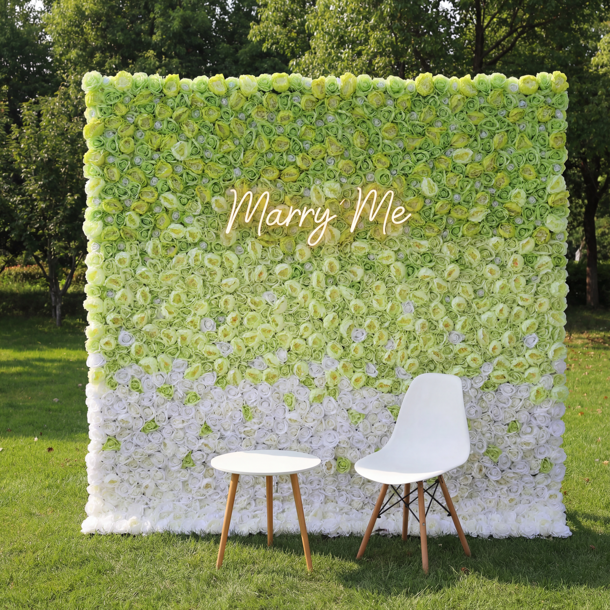 ValarFlowers 人工フラワー壁面バックドロップ: 穏やかな春のグラデーション - ライムの豊かさからクリスタルクリアへの穏やかな移行 - VF-249