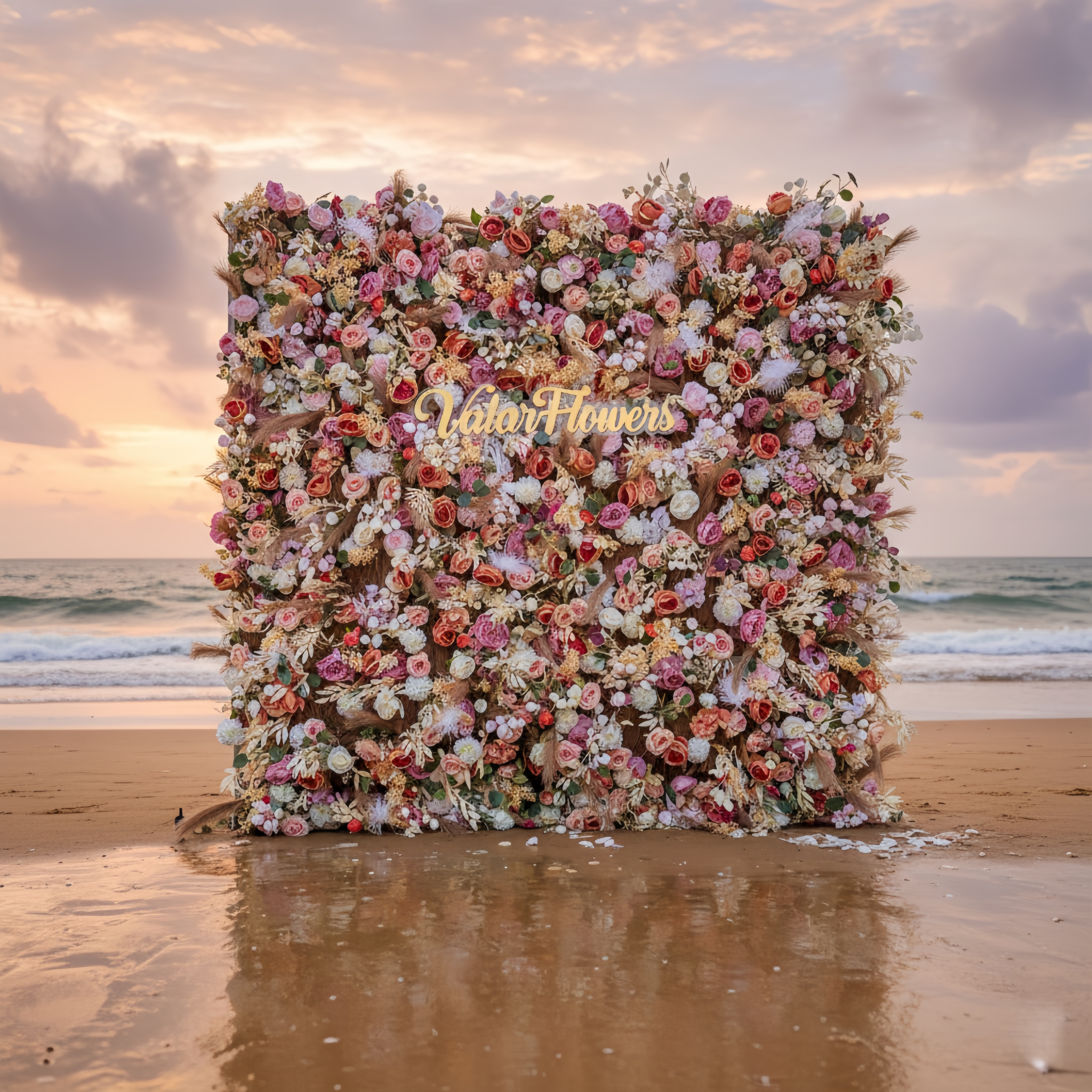 Floral wall with 'ValarFlower' branding on a beach at sunset