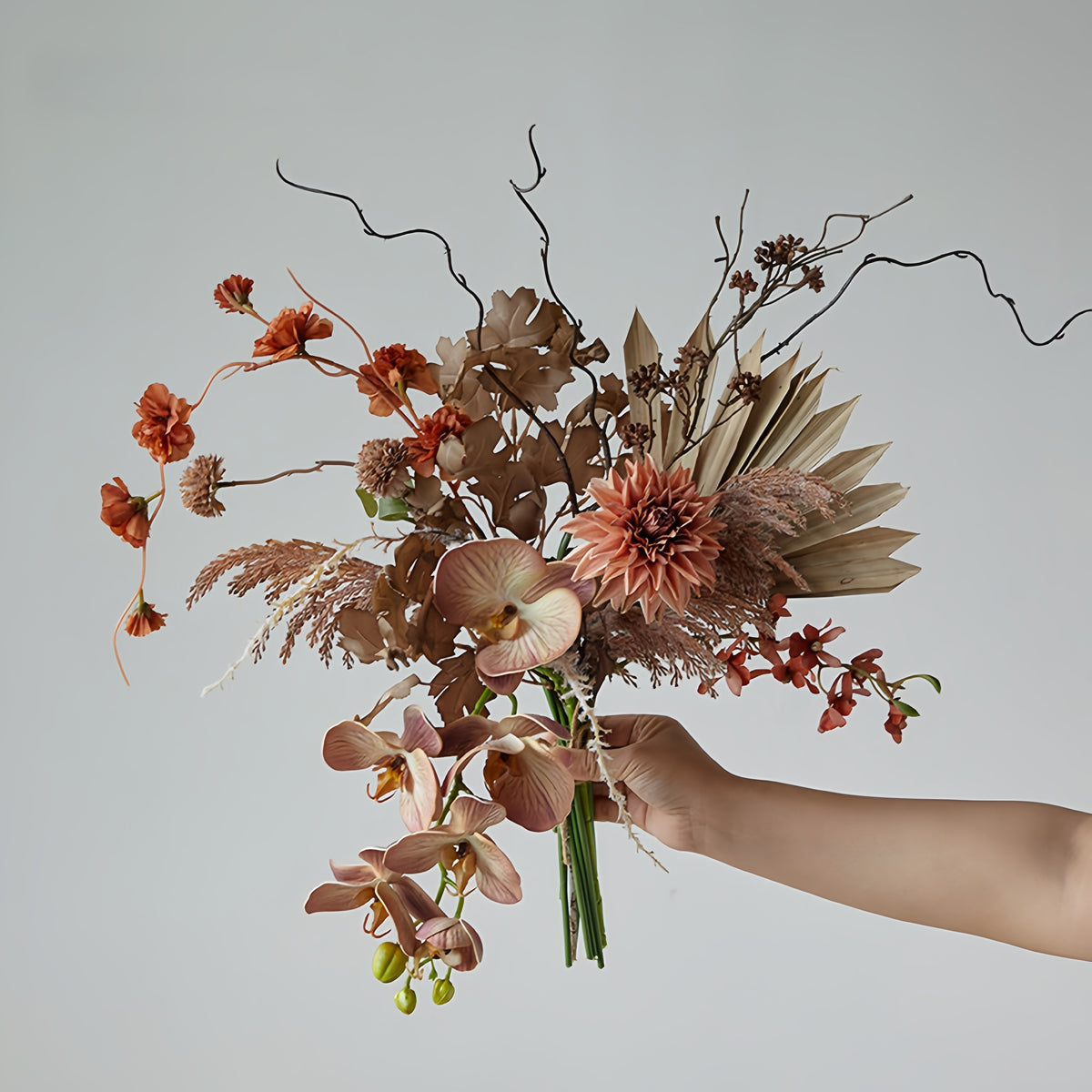 ValarFlower Boho Terracotta Artificial Bridal Bouquet, Rustic Orchid Wedding Bouquet with Pampas Grass VB-257