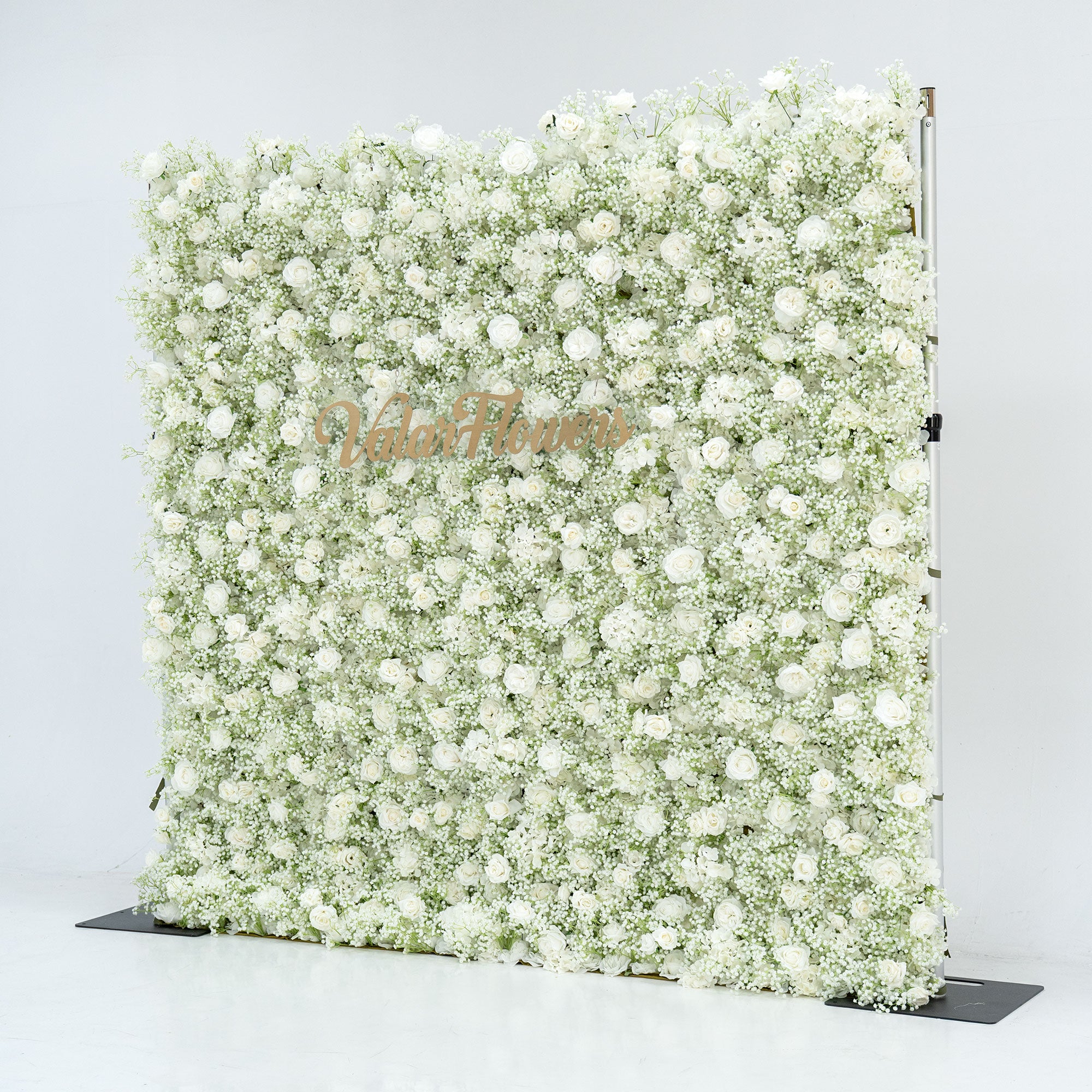 Floral wall with white flowers and 'ValarFlowers' branding on a light gray background