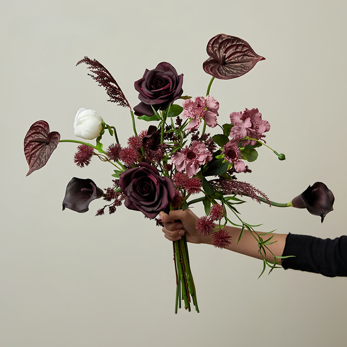 ValarFlower Dark Burgundy Artificial Bridal Bouquet, Moody Rose Wedding Bouquet with Calla Lily and Anthurium VB-255