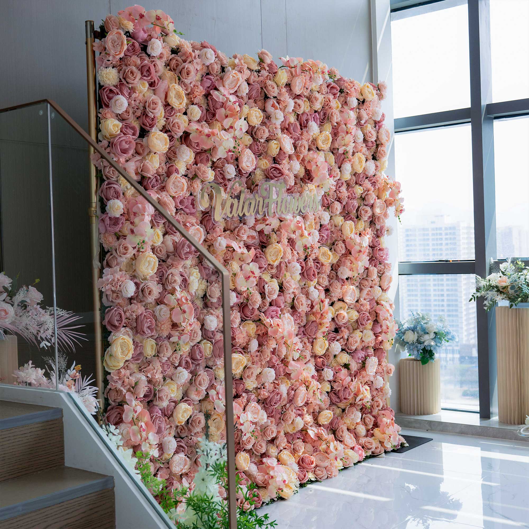 バラーフラワーロールアップファブリック人工花壁結婚式バックドロップ、フローラルパーティーデコレーション、イベントフォトグラフィー-VF-359