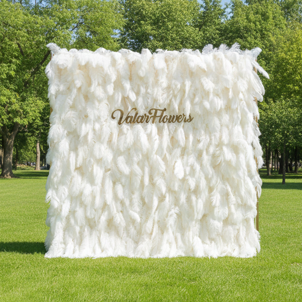 우아한 흰색 타조 깃털 벽 배경 - 롤업 패브릭 벽 - 신부 파티 장식 - 결혼식 장소 축하 꽃 벽 -VF-164