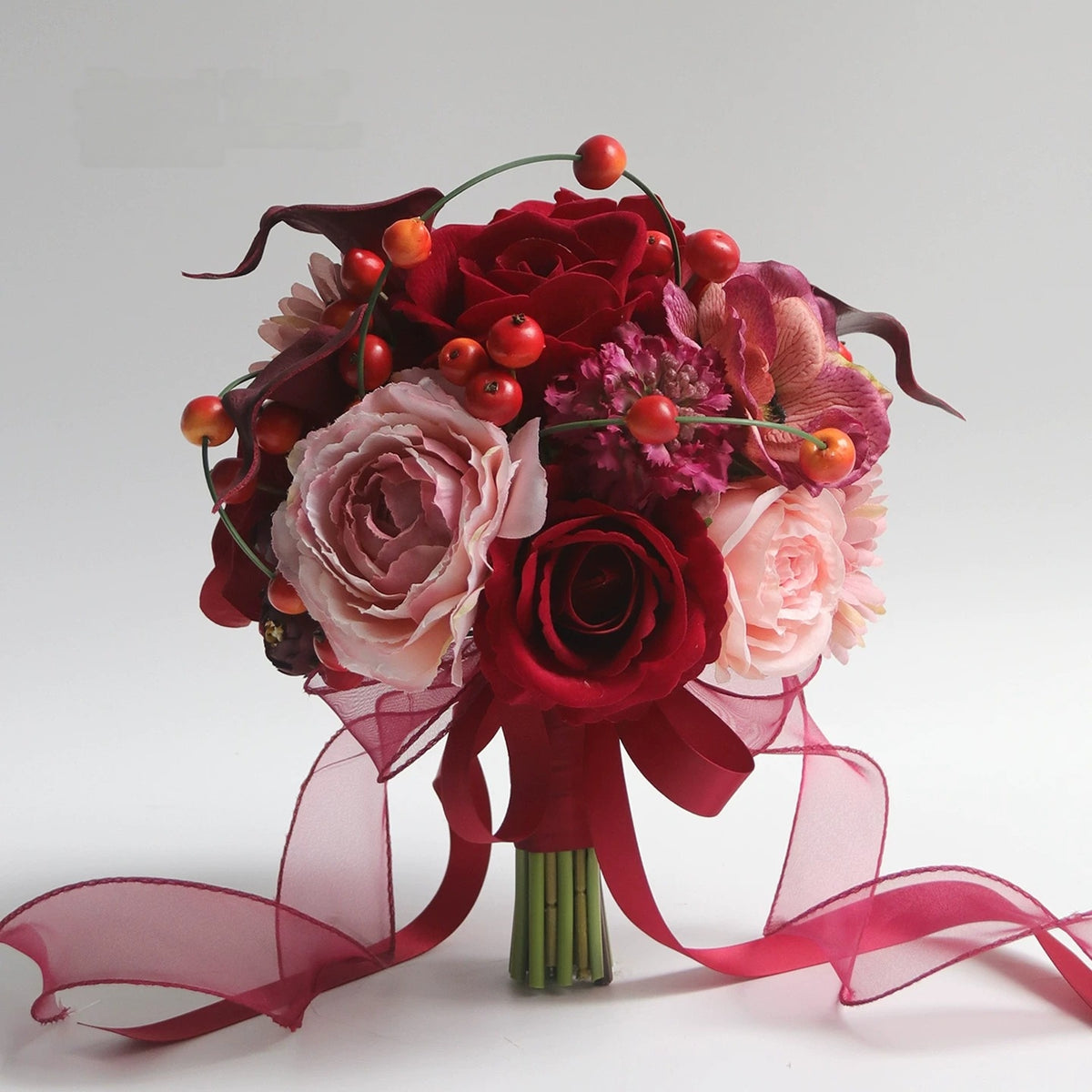 ValarFlower Artificial Bridal Bouquet, Romantic Rose Wedding Bouquet with Ribbon, Vintage Floral Arrangement for Bride Ceremony VB-322
