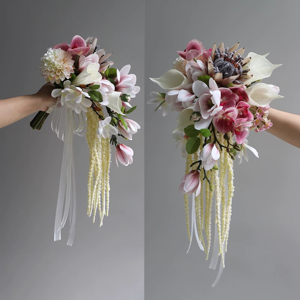 ValarFlower Cascading Orchid Bridal Bouquet, Artificial Wedding Bouquet with Calla Lily & Rose for Bride Ceremony Decor VB-317