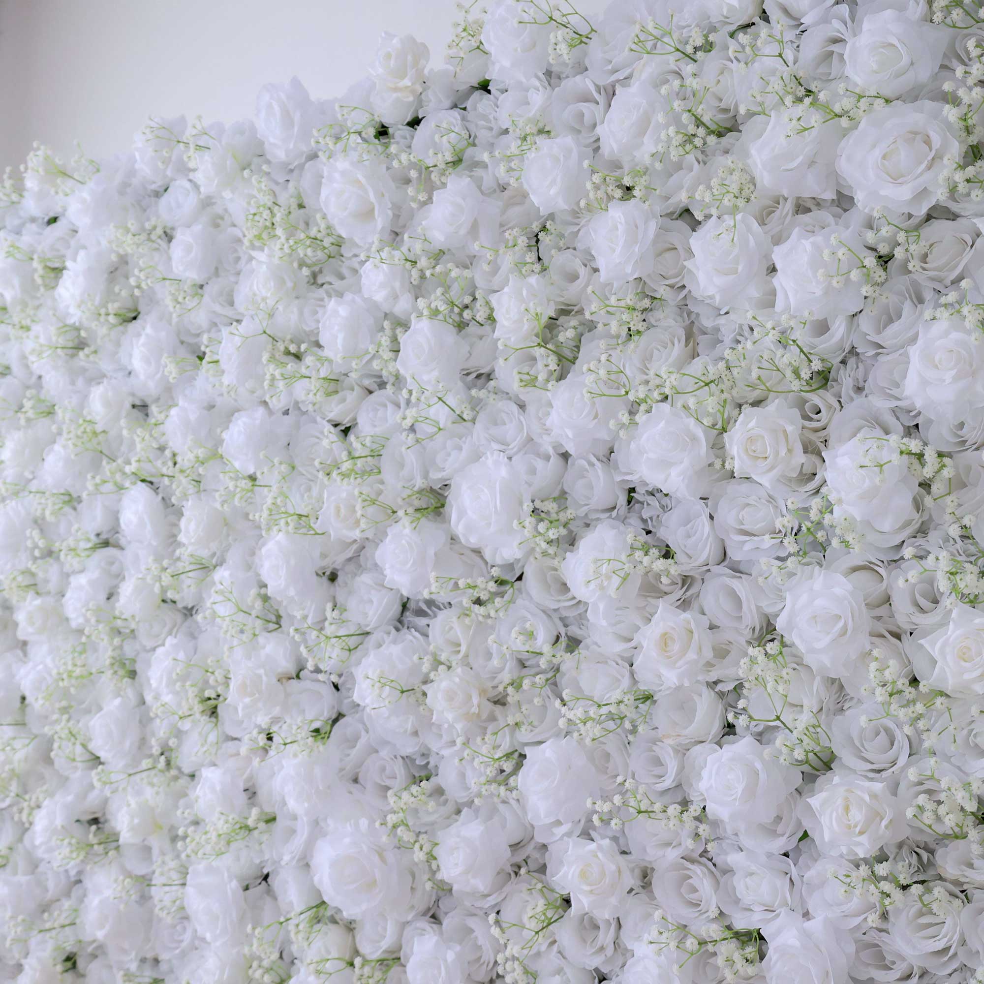 Handcrafted 5D artificial flower wall backdrop with pure white roses, set against a light background. Ideal for weddings, elegant events, and refined photo settings, adding a timeless, sophisticated ambiance.VF-417-4