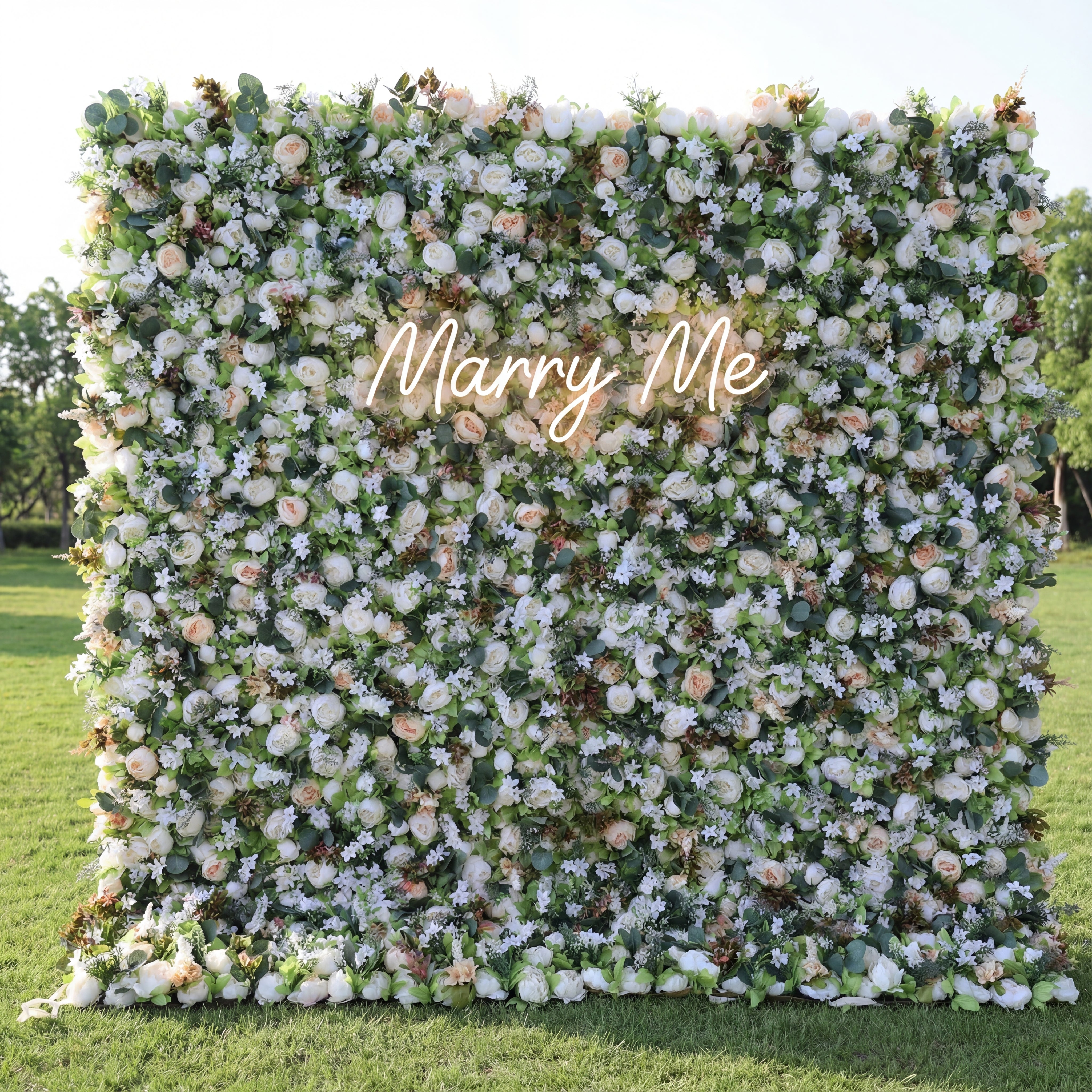 Valar 꽃 무성한 녹색 및 흰색 장미 5D 꽃 벽 – 결혼식 및 이벤트를 위한 우아한 자연 배경 VF-412