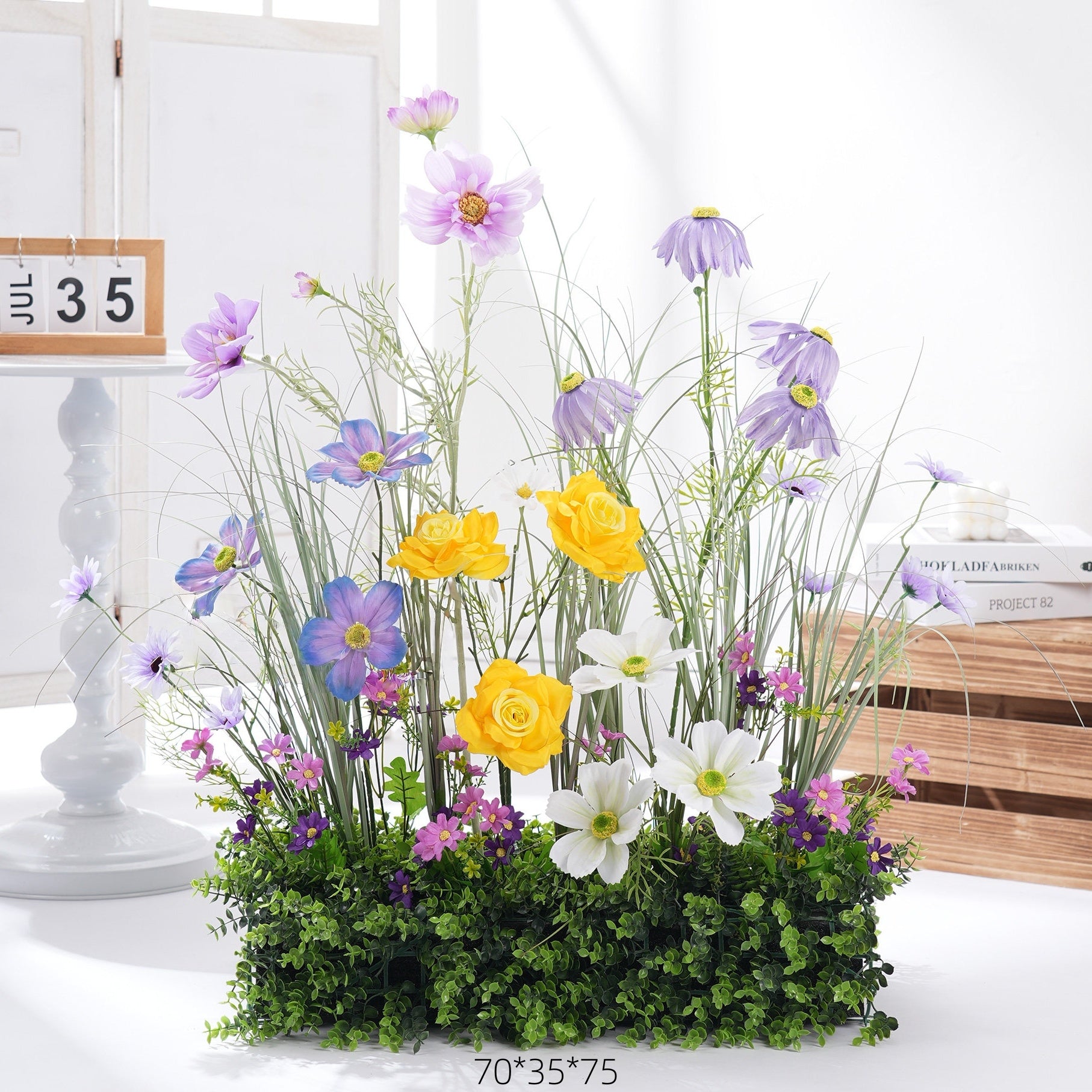 Configuración de flores artificiales inspiradas en la primavera – Conjunto de flores artificiales azules y amarillas para eventos FA-264