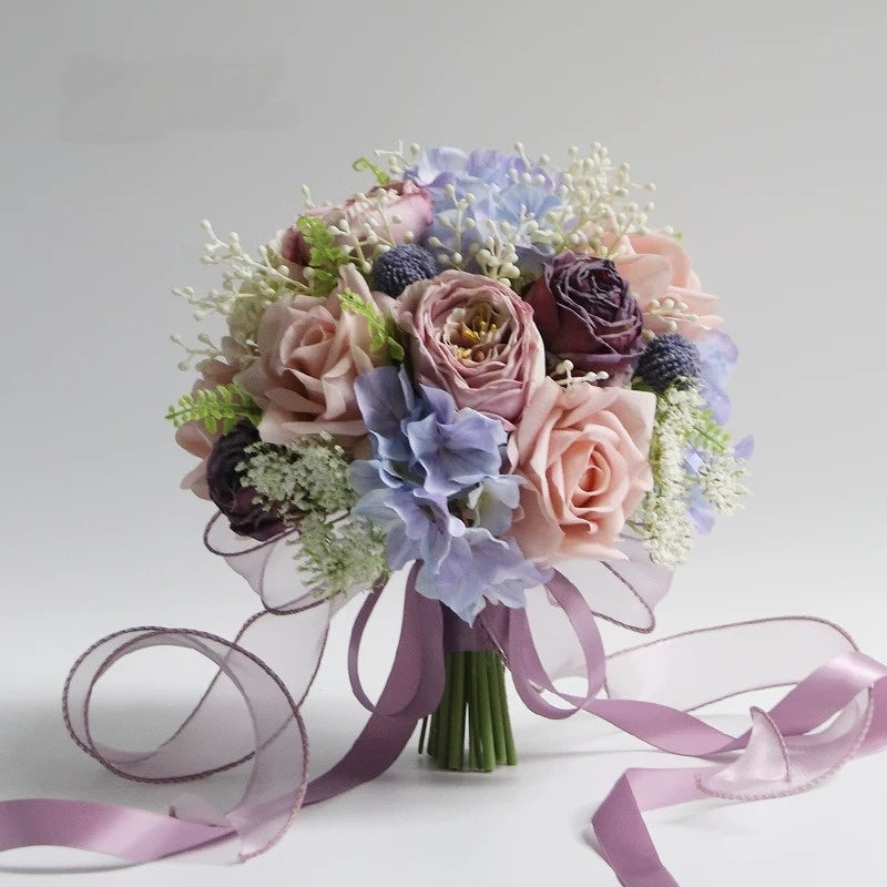 ValarFlower Artificial Bridal Bouquet, Elegant Silk Flower Wedding Bouquet with Ribbon, Romantic Handheld Floral Arrangement VB-323