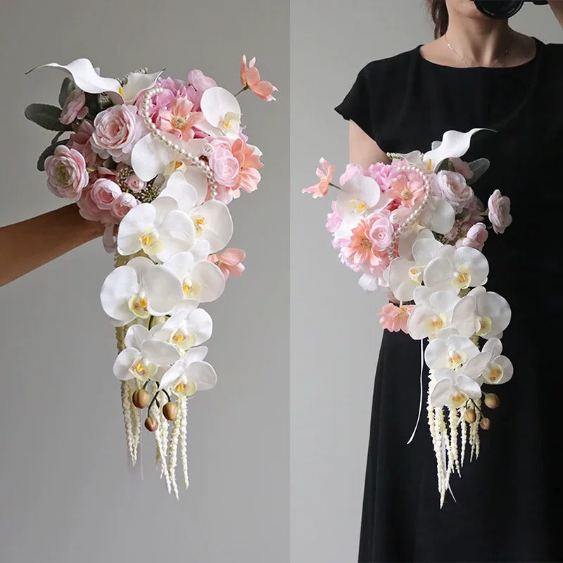 ValarFlower Cascading Orchid Bridal Bouquet, Artificial Wedding Bouquet with Calla Lily & Rose for Bride Ceremony Decor VB-317