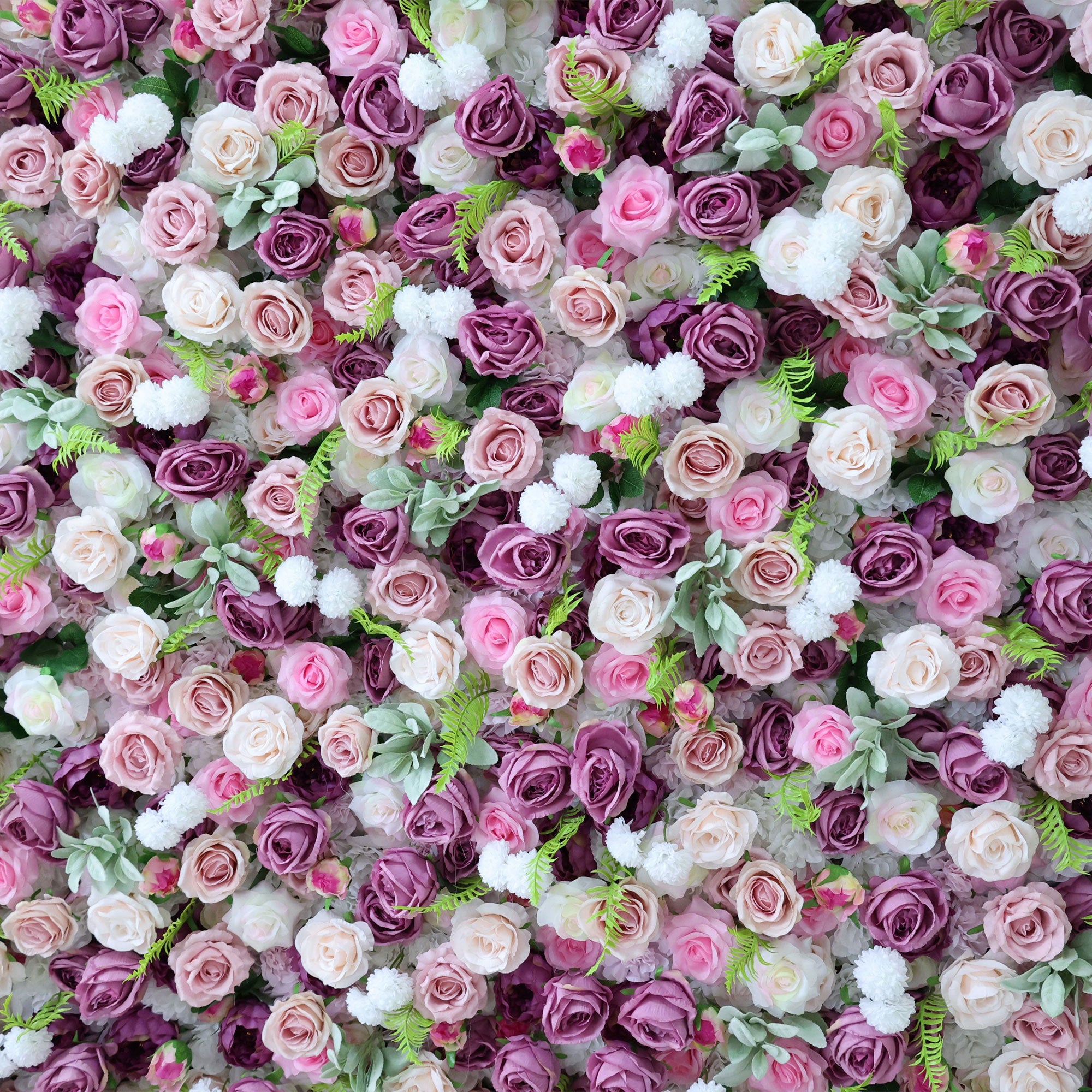 Handcrafted 5D artificial flower wall backdrop with a blend of purple, blush, and cream roses, accented by green foliage. Ideal for weddings, romantic events, and photoshoots, creating an elegant and enchanting atmosphere.VF-411-5