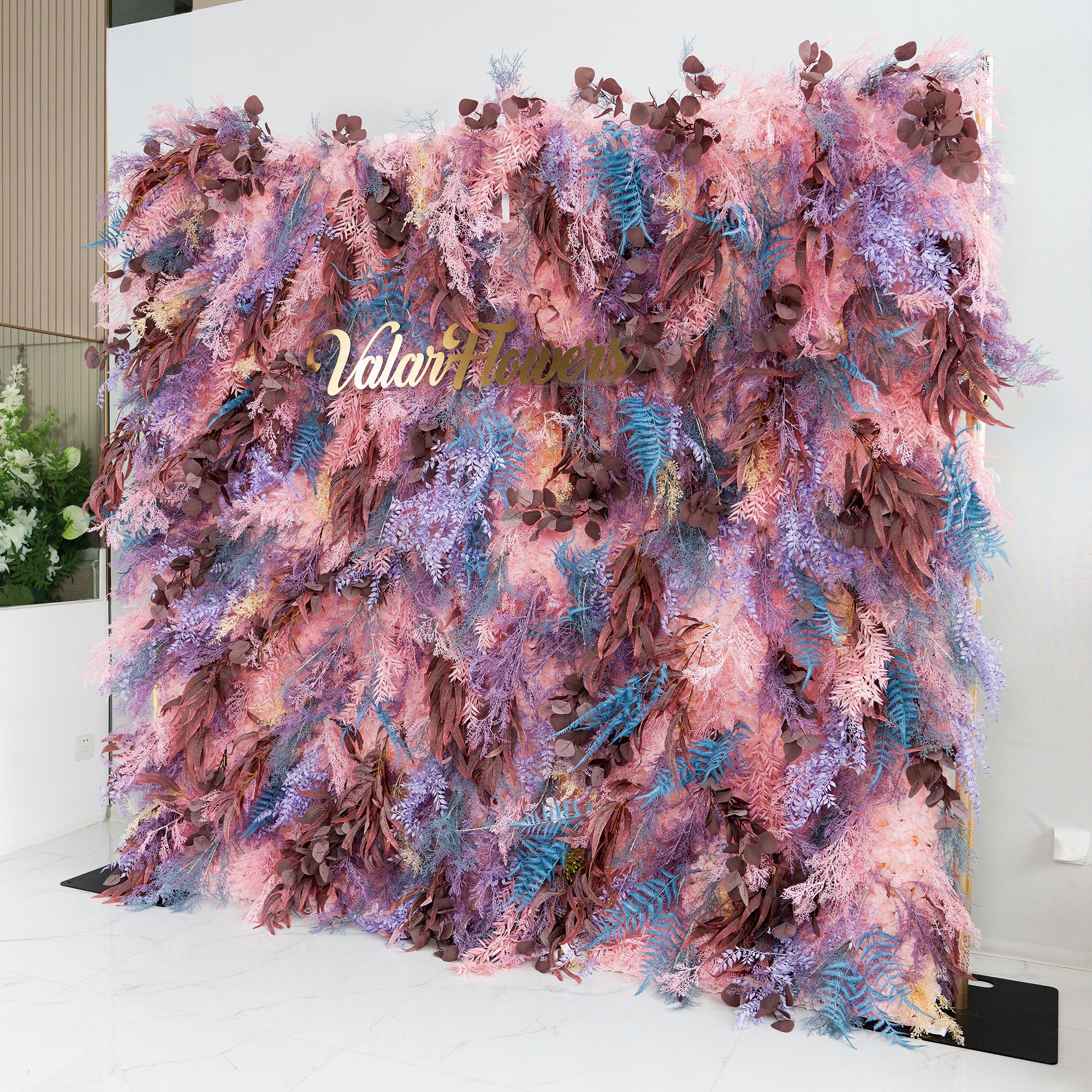 5D rollable artificial flower wall in pastel purple and pink for elegant event setups