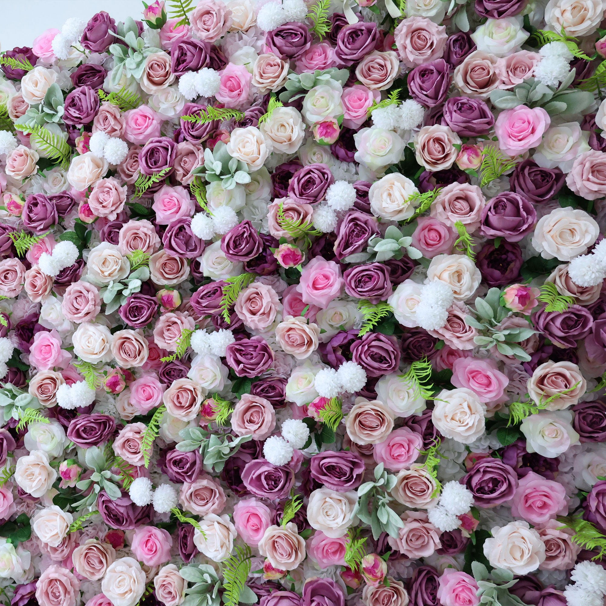 Handcrafted 5D artificial flower wall backdrop with a blend of purple, blush, and cream roses, accented by green foliage. Ideal for weddings, romantic events, and photoshoots, creating an elegant and enchanting atmosphere.VF-411-3