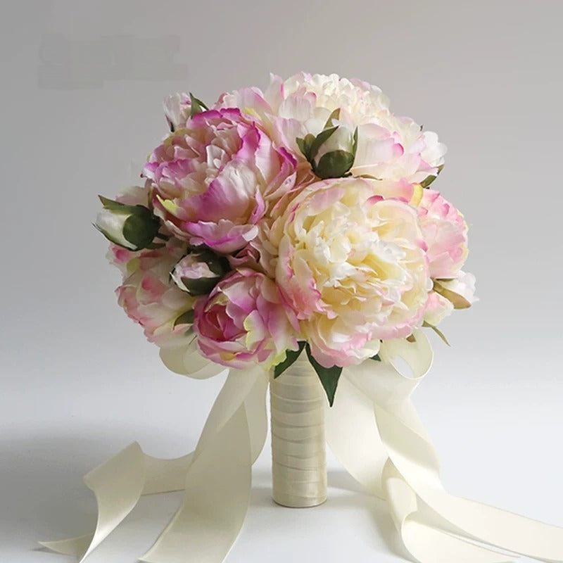 ValarFlower Artificial Bridal Bouquet, Elegant Silk Flower Wedding Bouquet with Ribbon, Romantic Handheld Floral Arrangement VB-323