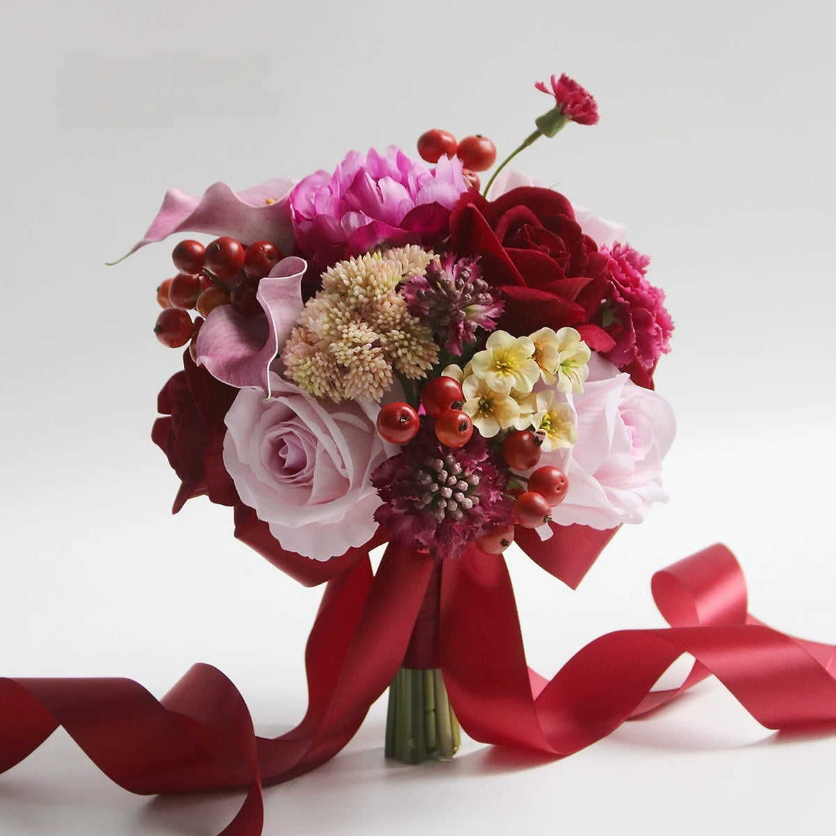 ValarFlower Artificial Bridal Bouquet, Romantic Rose Wedding Bouquet with Ribbon, Vintage Floral Arrangement for Bride Ceremony VB-322