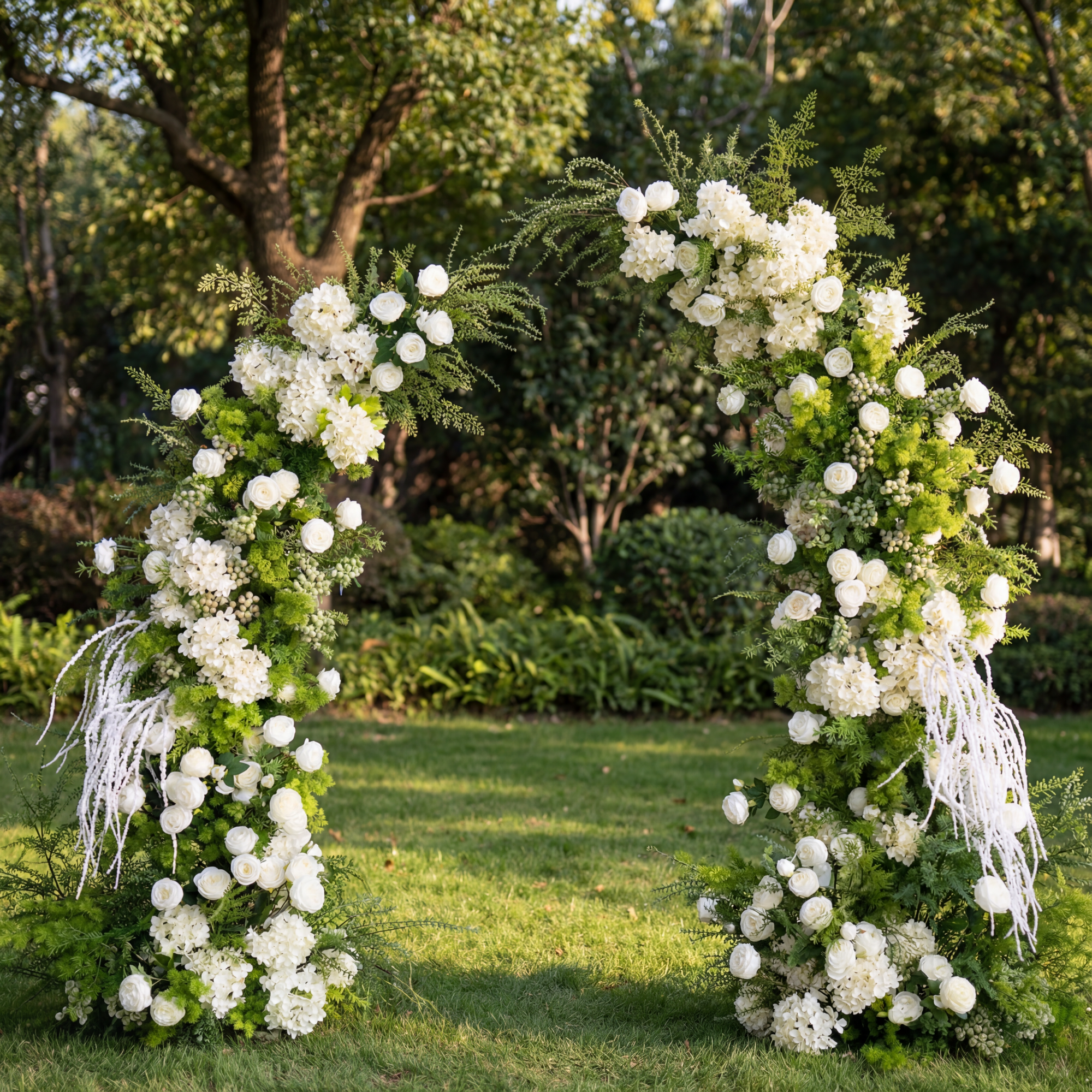 Botanical Horn Arch with White Roses – Artificial Flower Structure for Garden Weddings and Photoshoots VA-365