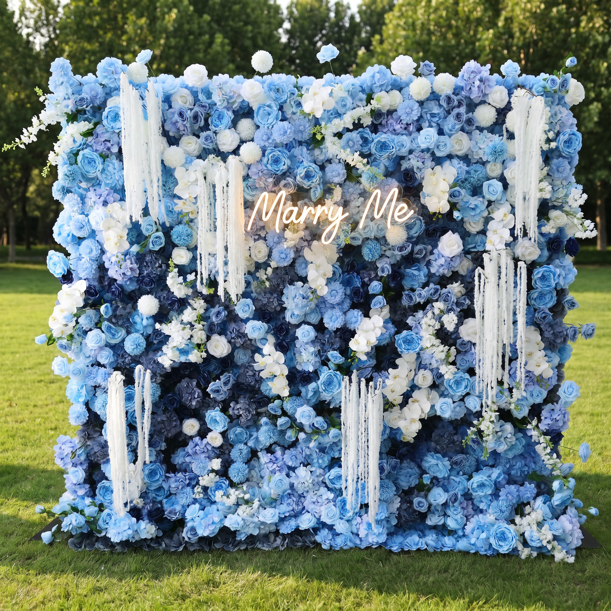 ValarFlower Blue Artificial Flower Wall Backdrop, Luxury Blue Floral Wall with White Hanging Flowers, Elegant Wedding Ceremony Background, Romantic Event Decor for Party, Photo Booth and Special Celebrations VF-660