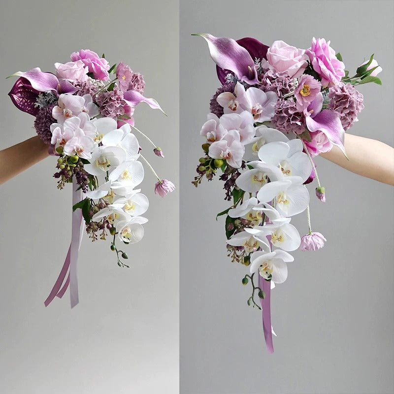ValarFlower Cascading Orchid Bridal Bouquet, Artificial Wedding Bouquet with Calla Lily & Rose for Bride Ceremony Decor VB-317