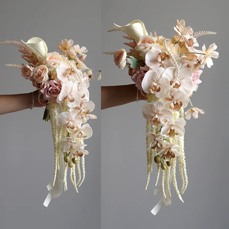 ValarFlower Cascading Orchid Bridal Bouquet, Artificial Wedding Bouquet with Calla Lily & Rose for Bride Ceremony Decor VB-317
