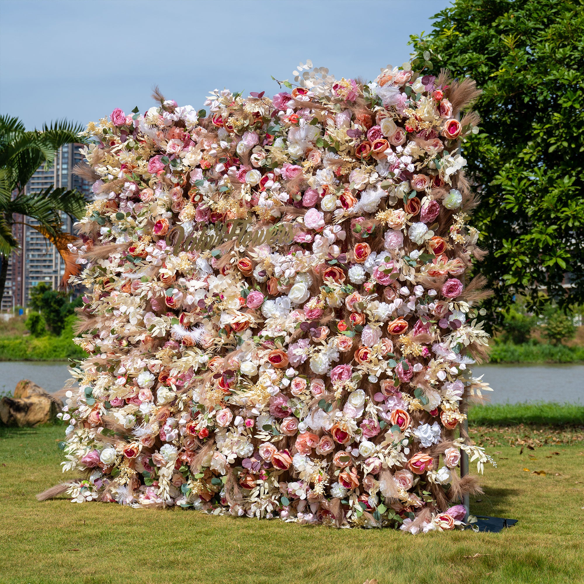 バラーフラワーロールアップファブリック人工花壁結婚式バックドロップ、フローラルパーティーデコレーション、イベントフォトグラフィー-VF-327-2