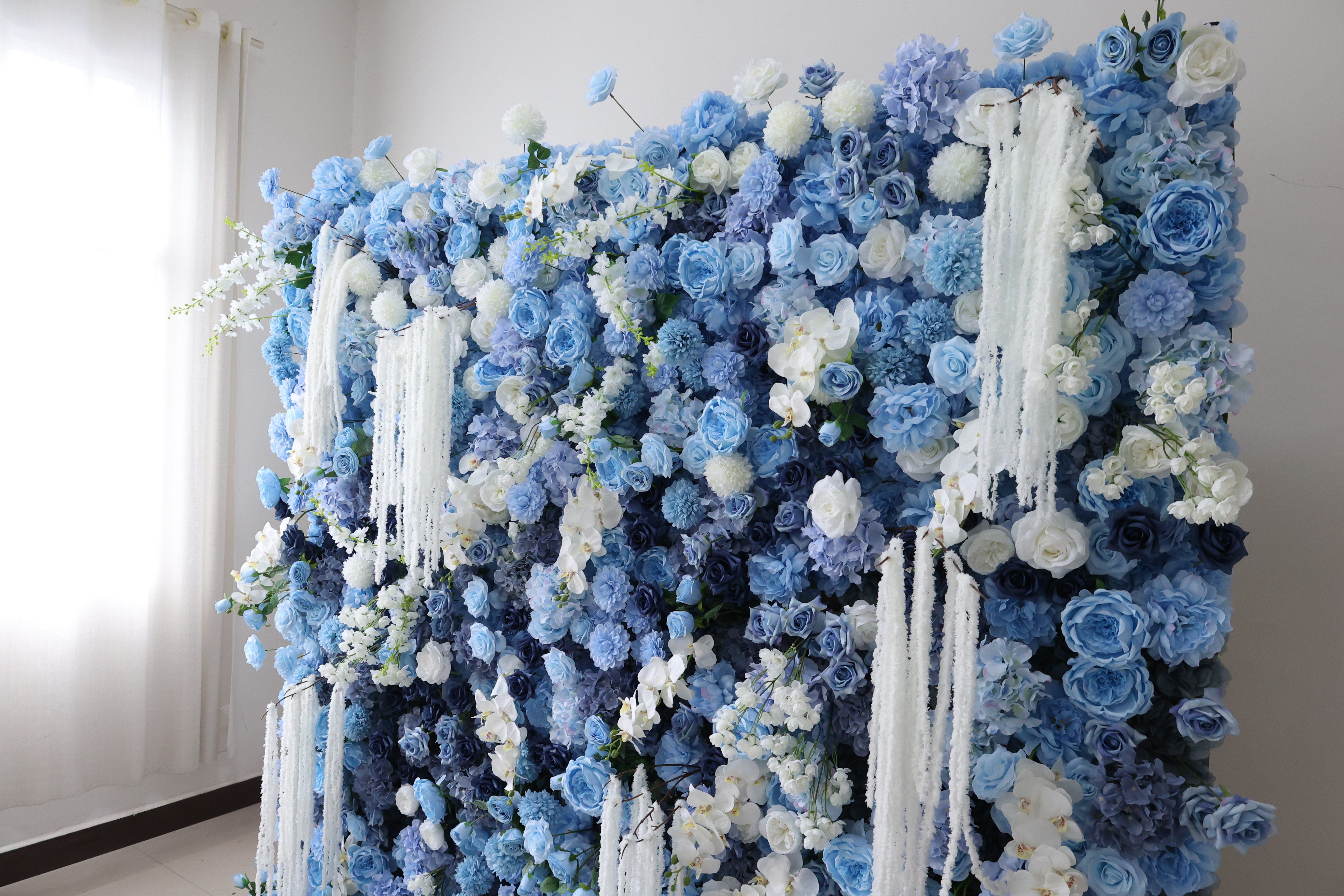 ValarFlower Blue Artificial Flower Wall Backdrop, Luxury Blue Floral Wall with White Hanging Flowers, Elegant Wedding Ceremony Background, Romantic Event Decor for Party, Photo Booth and Special Celebrations VF-660