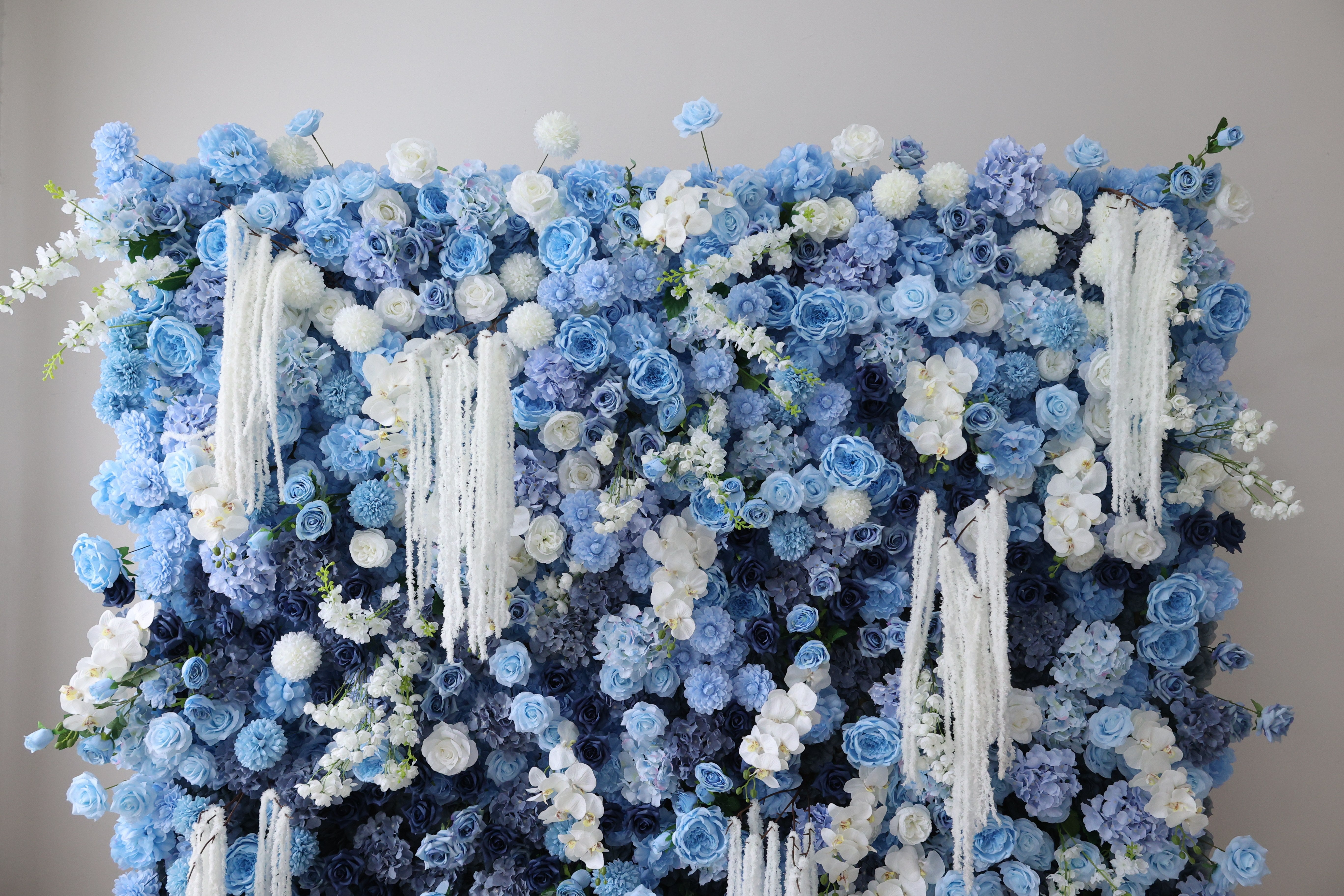 ValarFlower Blue Artificial Flower Wall Backdrop, Luxury Blue Floral Wall with White Hanging Flowers, Elegant Wedding Ceremony Background, Romantic Event Decor for Party, Photo Booth and Special Celebrations VF-660