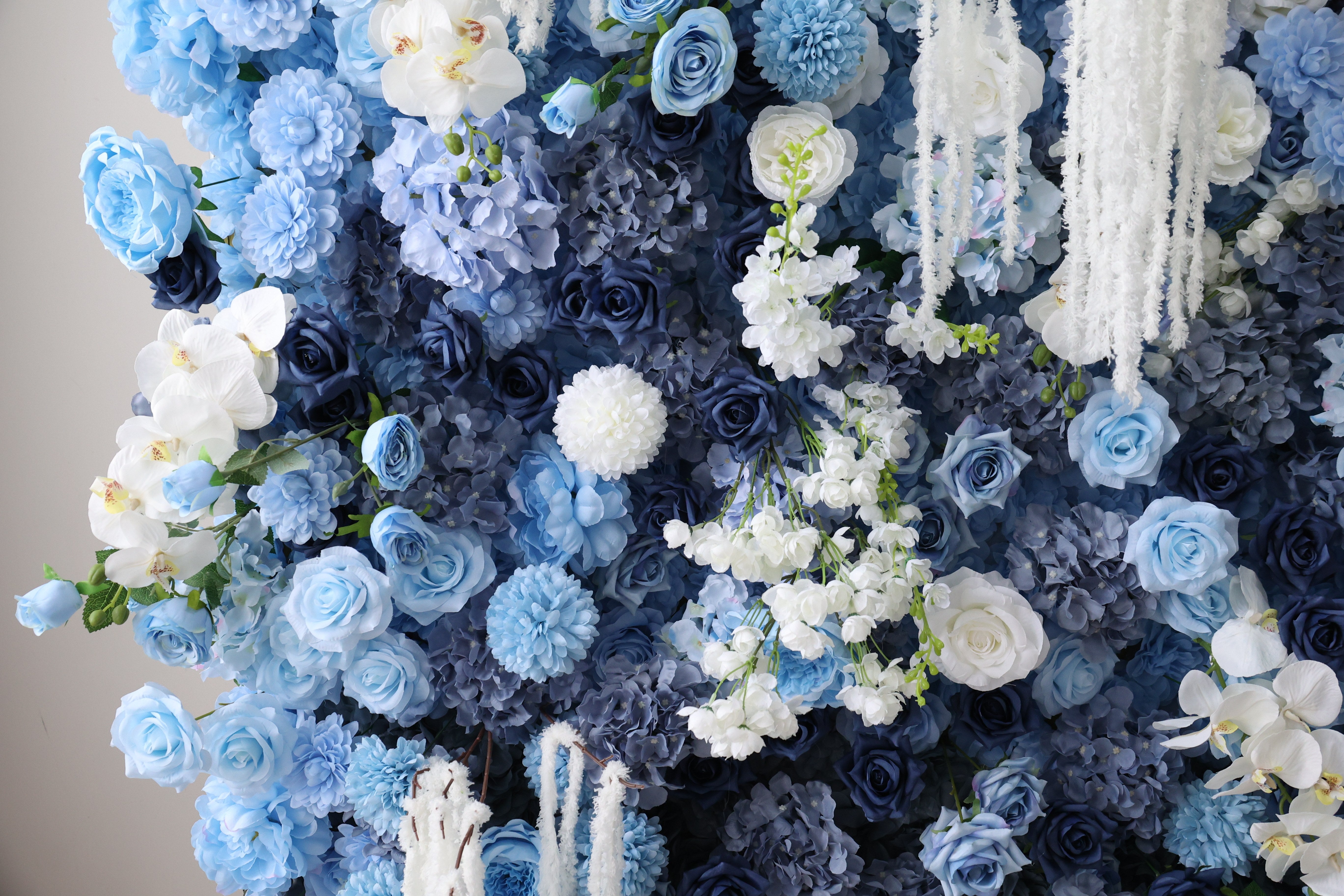 ValarFlower Blue Artificial Flower Wall Backdrop, Luxury Blue Floral Wall with White Hanging Flowers, Elegant Wedding Ceremony Background, Romantic Event Decor for Party, Photo Booth and Special Celebrations VF-660