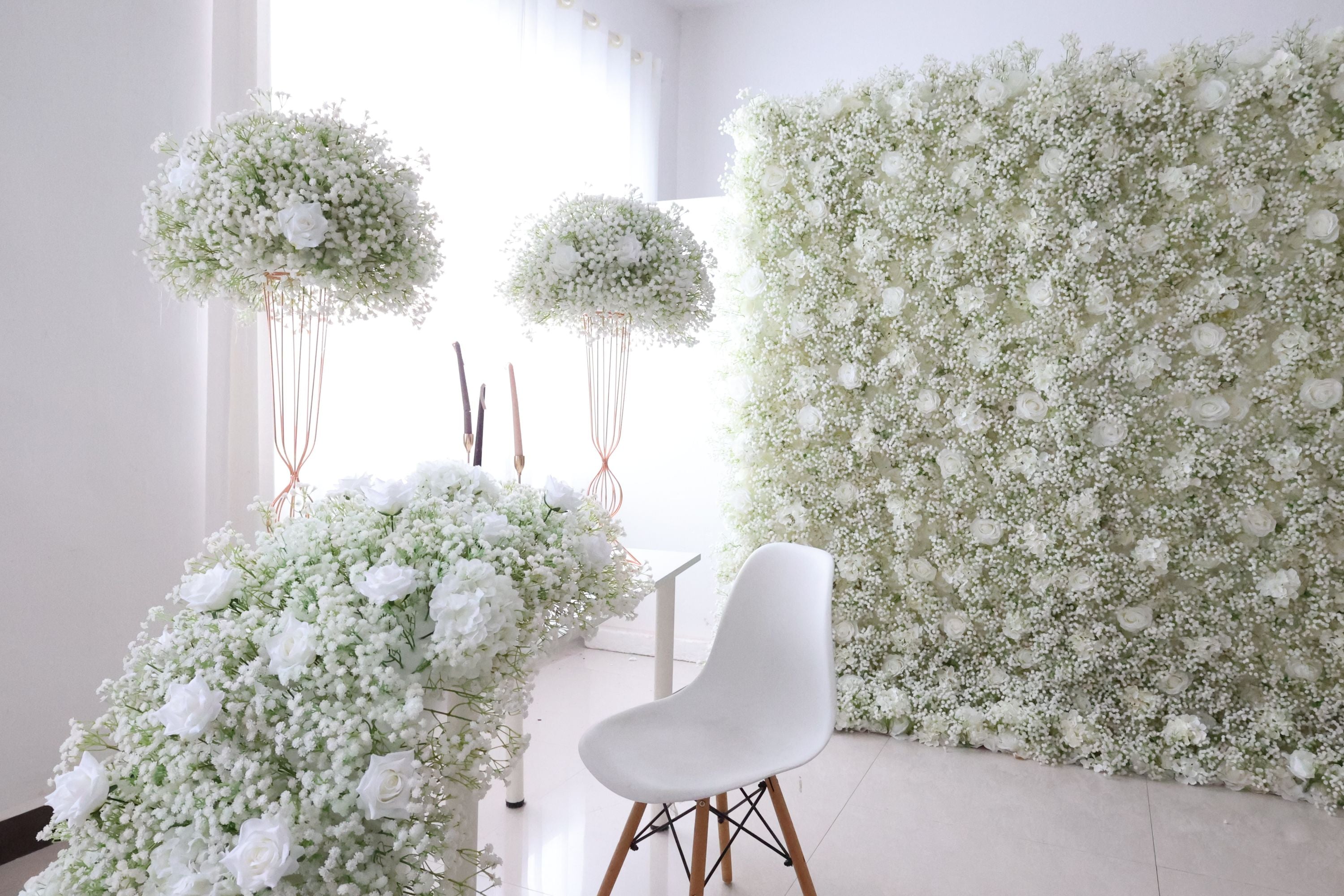 Solitary Elegance - A Delicate White Rose Amidst a Sea of Baby's Breath FB-030