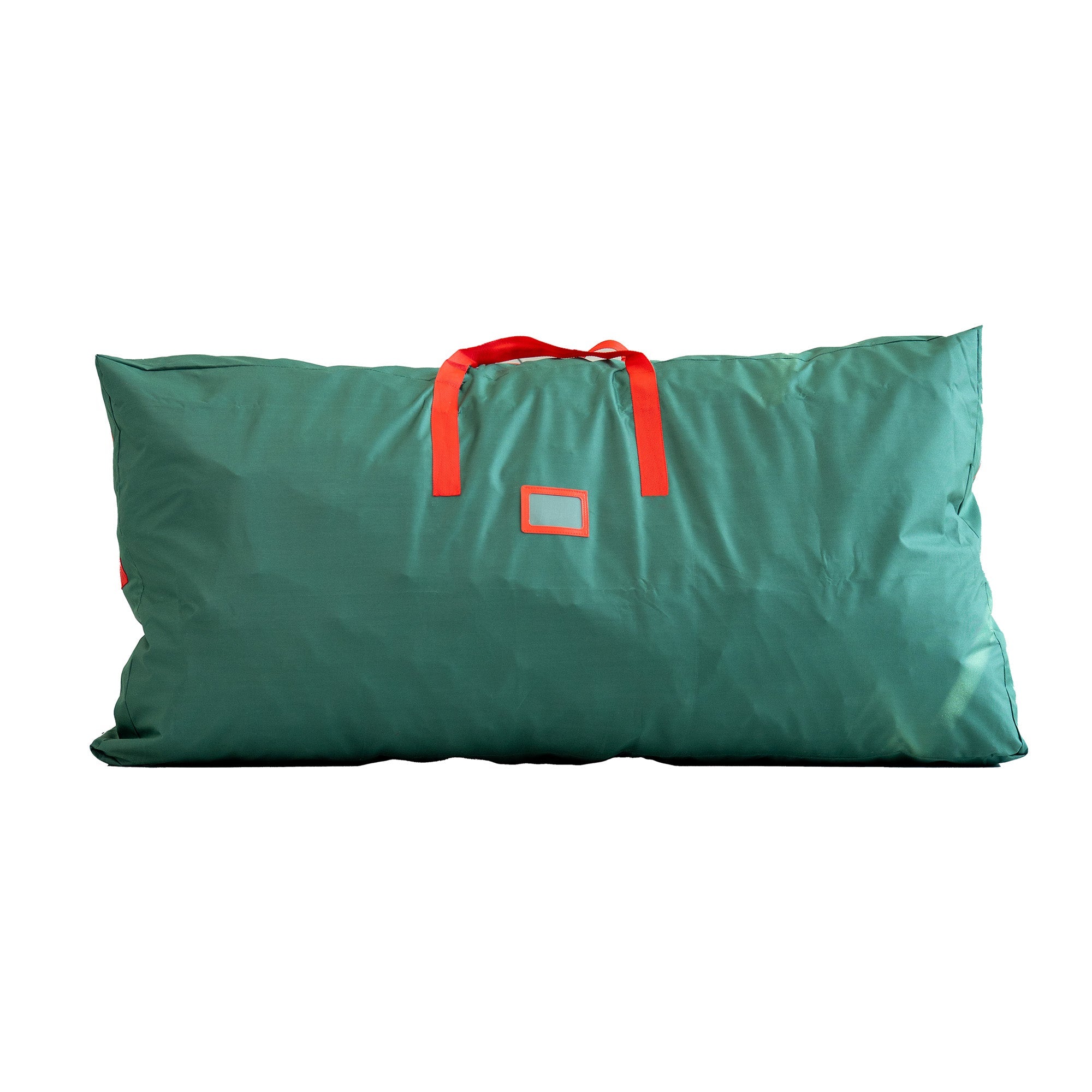 This is a storage bag designed for flower walls. It is large and rectangular, in a rich green color. The bag features bright red carrying straps, which stand out against the green fabric. There is also a rectangular label - like patch outlined in red, likely for identification or decoration. The bag appears spacious and suitable for storing and transporting flower wall decorations.