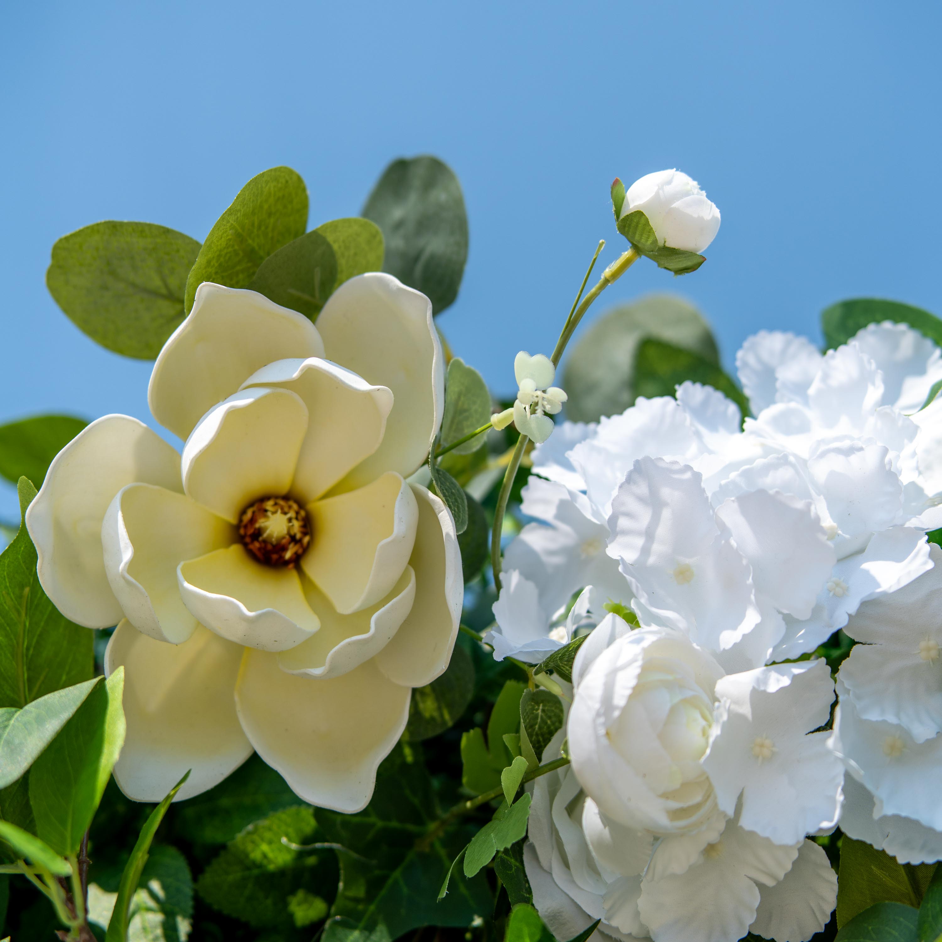 This backdrop features a charming arrangement of artificial flowers and foliage. The flowers include large, creamy - yellow magnolia - like blooms, small white roses, and clusters of white hydrangea - like flowers. The greenery consists of various leaves, such as round eucalyptus - like leaves and pointed ivy - like leaves.
The color scheme is a fresh combination of vibrant green foliage and pure white and creamy - yellow flowers. The overall style is natural and elegant, making it perfect for events like