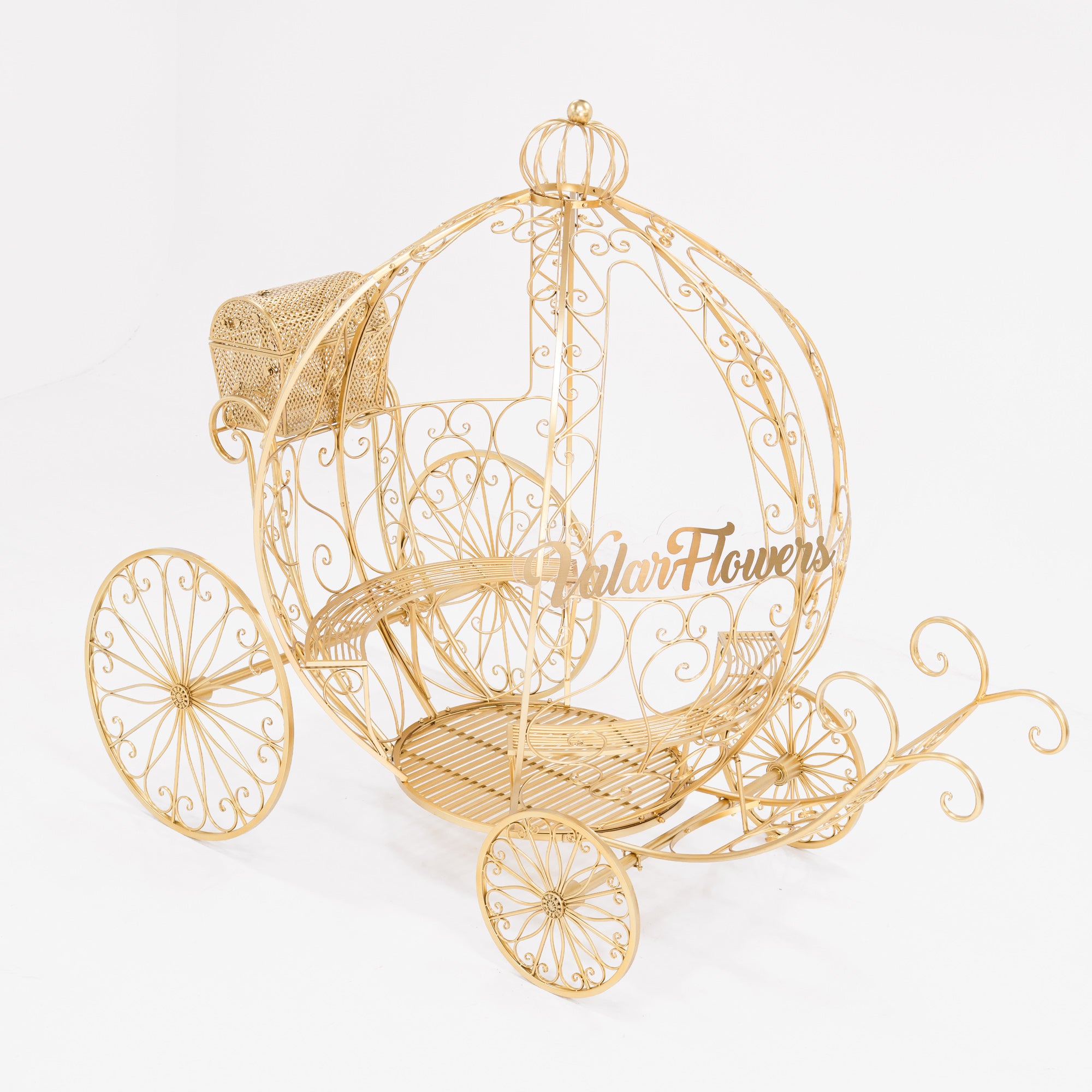 Decorative gold car-shaped basket with 'BallerFlowers' branding on a white background