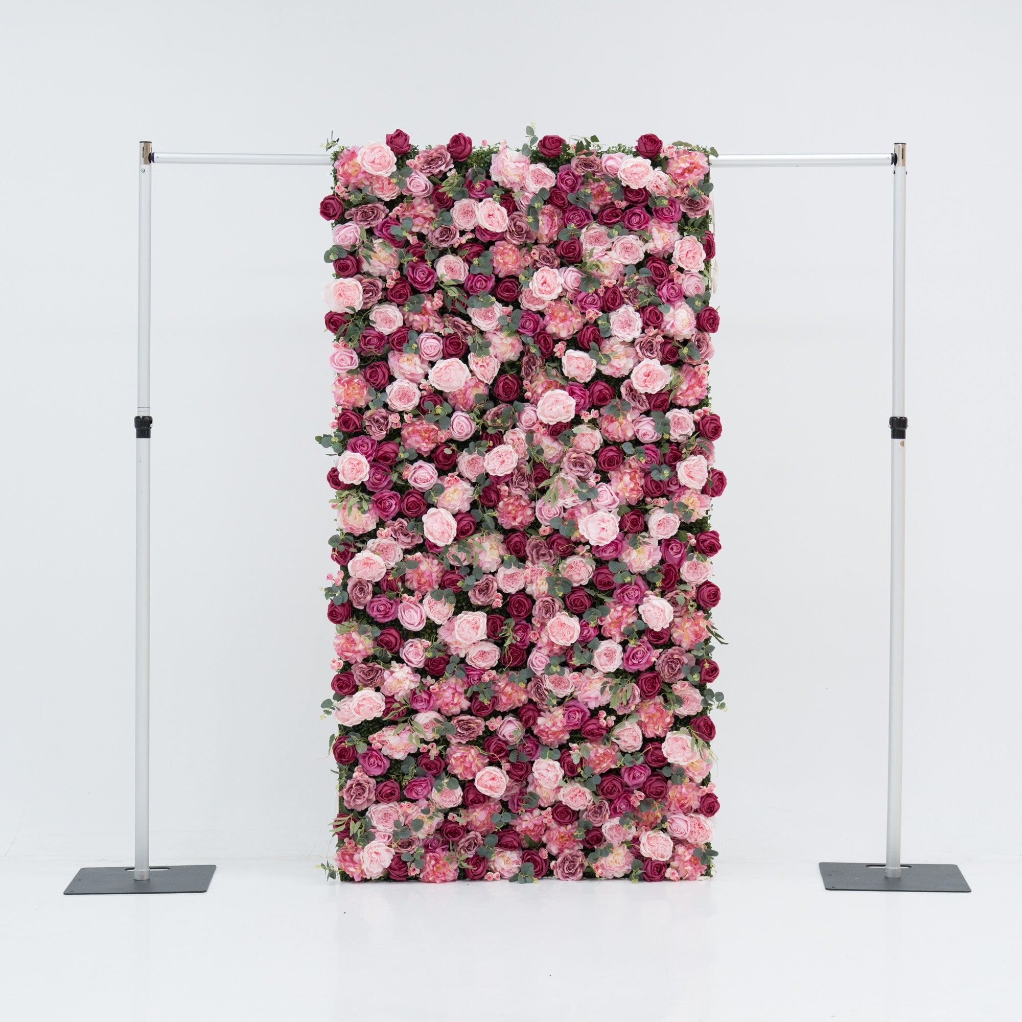 バラーフラワーロールアップファブリック人工ミックスワインベリーと藤紫のブーケフラワーウォールウェディングバックドロップ、フローラルパーティーデコール、イベントフォトグラフィー-VF-068