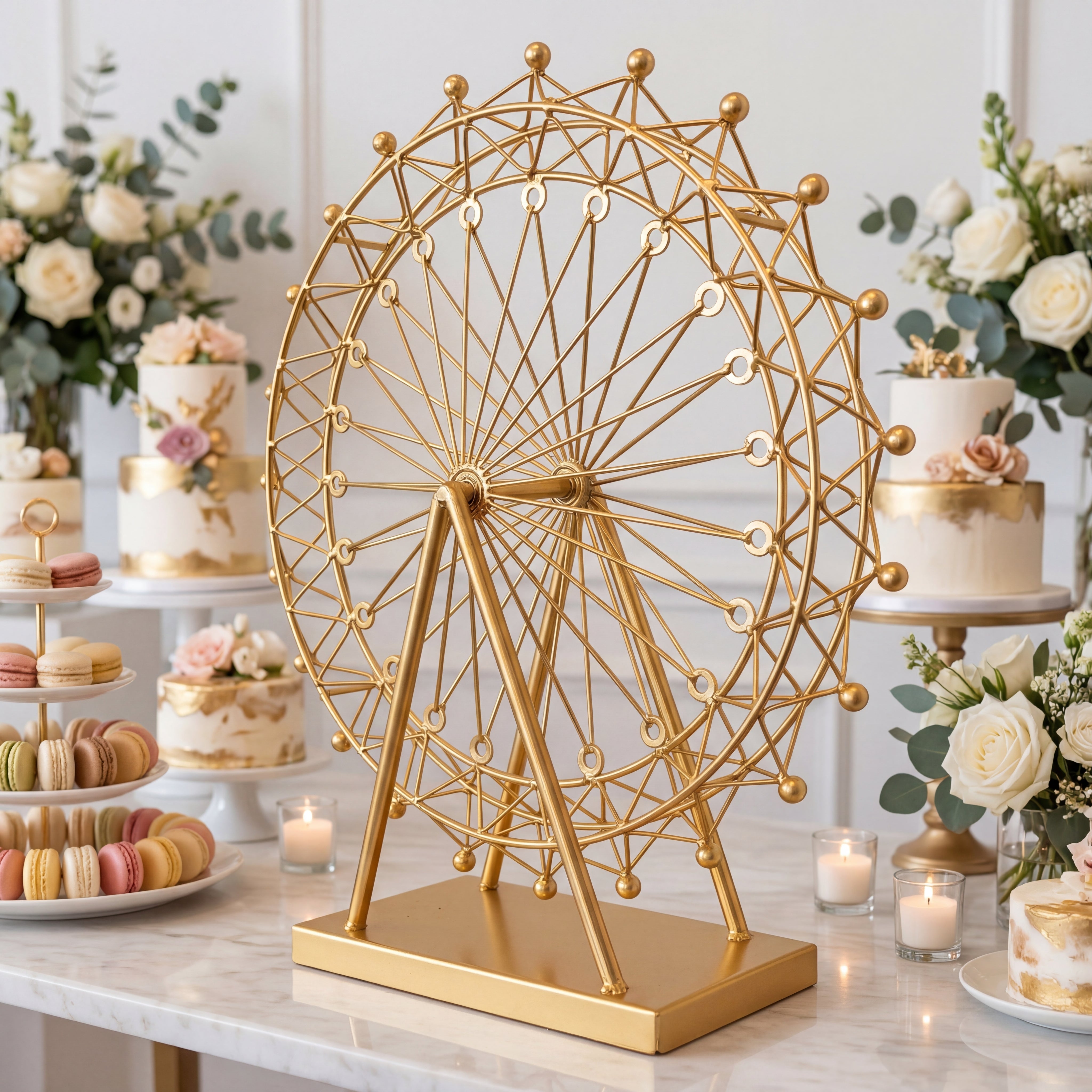 Gold Ferris wheel decorative item on a table with floral arrangements and pastries in the background