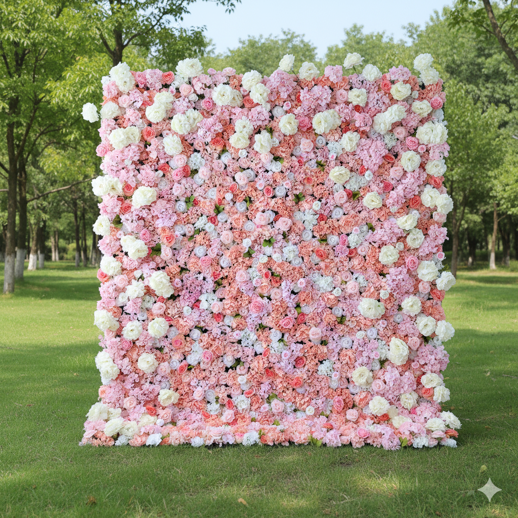 결혼식 및 파티 축하 장식을 위한 5D 핑크 로즈 롤업 꽃 벽 배경 VF-501