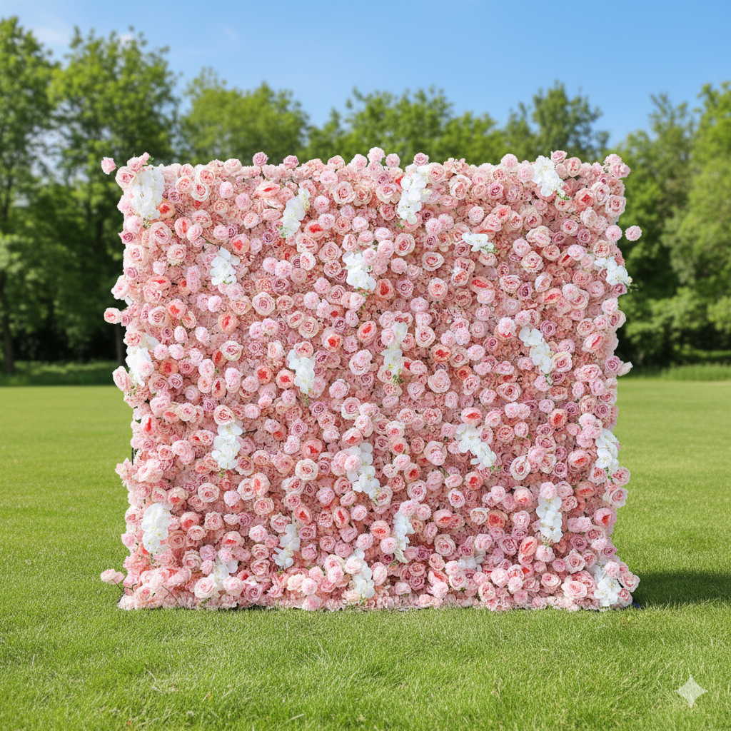 결혼식 및 파티 축하 장식을 위한 5D 핑크 로즈 롤업 꽃 벽 배경 VF-501