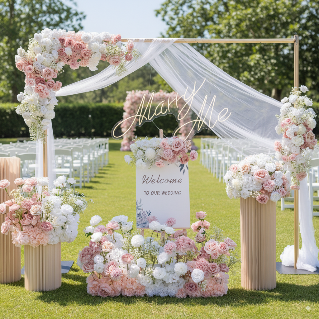 Decorative wedding arch with flowers and a 'Married' sign in an outdoor setting.