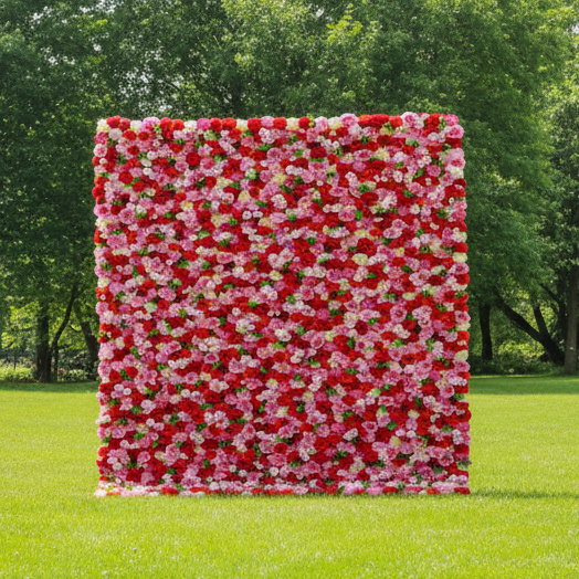 ValarFlowers 人工フラワー壁面バックドロップ: 情熱的な花々: 深紅と柔らかなピンクの交響曲 - VF-285