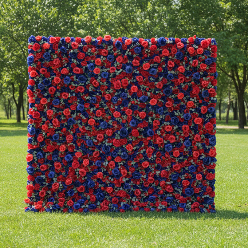 ValarFlowers 人工フラワー壁面バックドロップ: ロイヤルロマンス: ミッドナイトブルーと華やかなレッドのメランジュ-VF-291