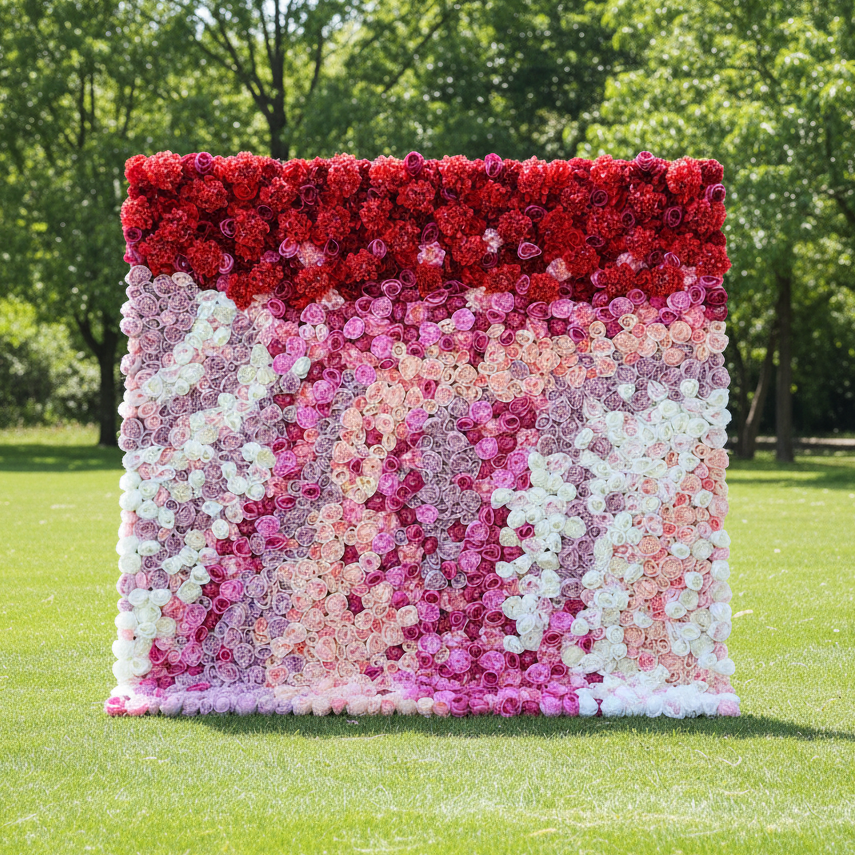 バラールフラワーズ ロールアップファブリック 人工赤からピンクホワイトグラデーション フラワーウォール ウェディングバックドロップ、フローラルパーティーデコレーション、イベントフォトグラフィー - VF-353